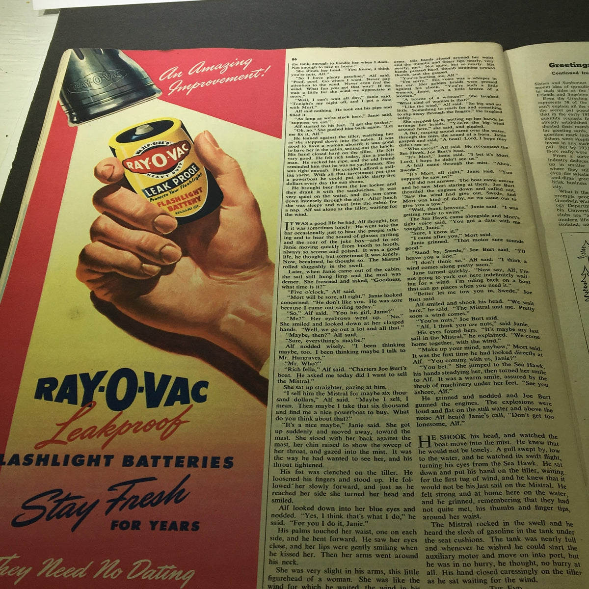 Vintage advertisement for Ray-O-Vac leakproof flashlight batteries featured in VTG Collier's Magazine February 16, 1946, showcasing a hand holding the product with a bright, eye-catching design.