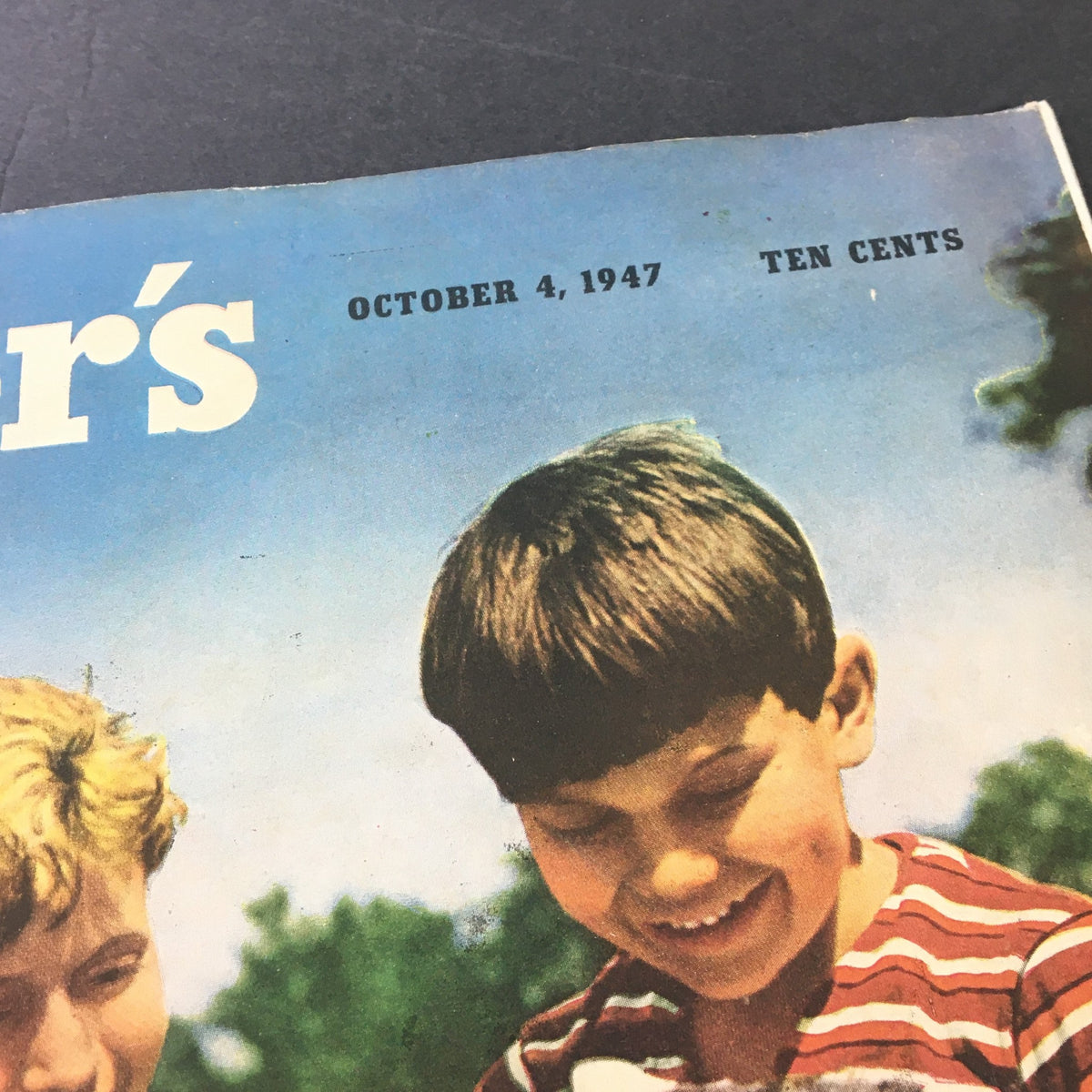 Cover of VTG Collier's Magazine October 4 1947 showcasing two boys, reflecting the youthful joy of the late 1940s era.