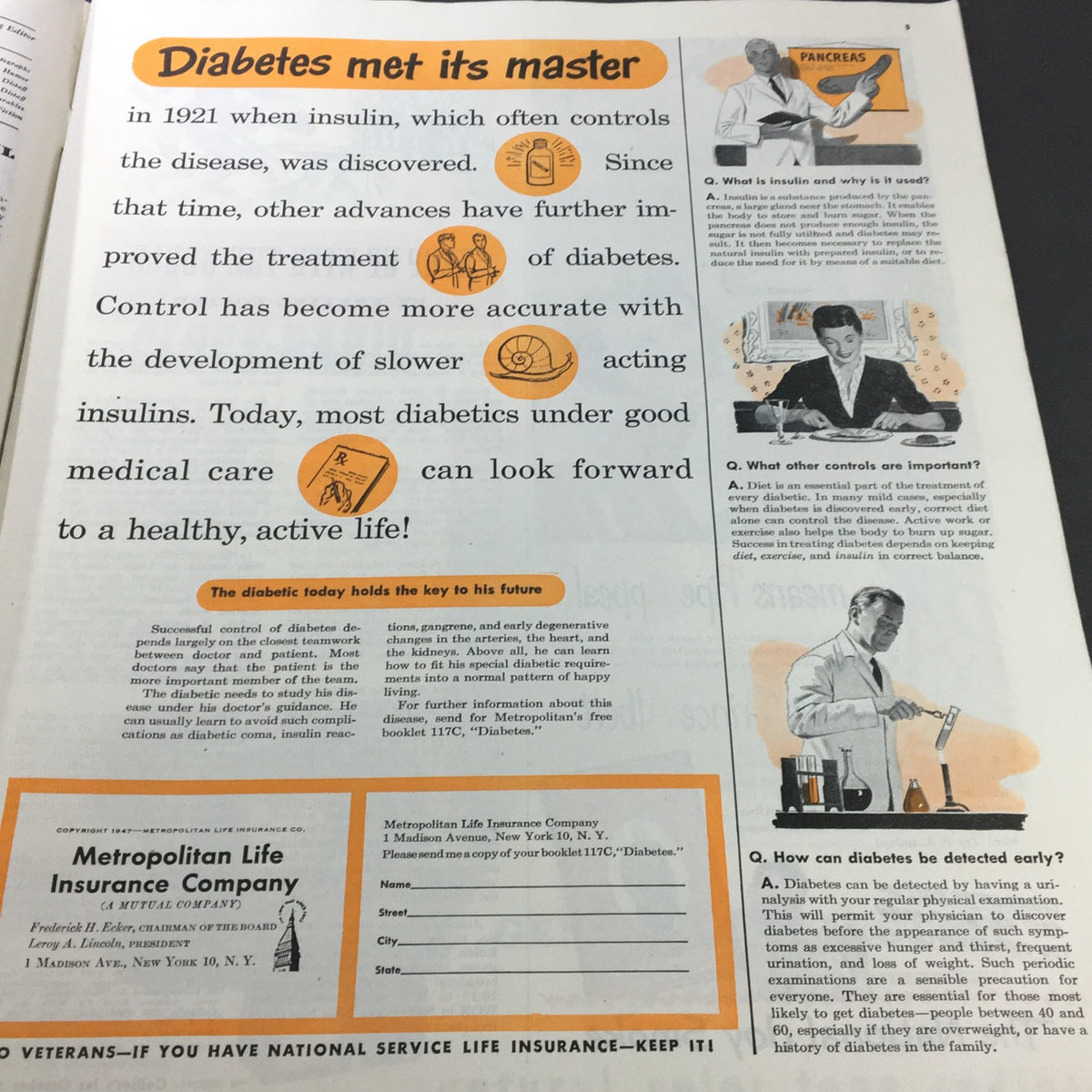 Health-related advertisement from VTG Collier's Magazine October 4 1947 discussing diabetes management and insulin development.