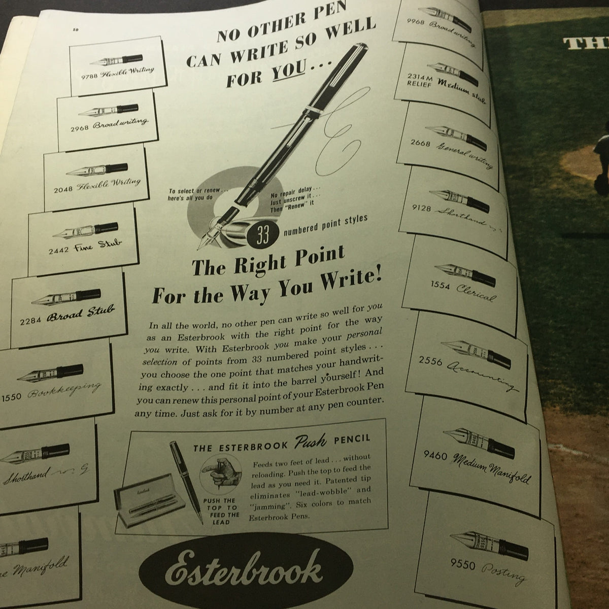 Vintage advertisement for Esterbrook pens featured in VTG Collier's Magazine October 4 1947 emphasizing various writing styles.