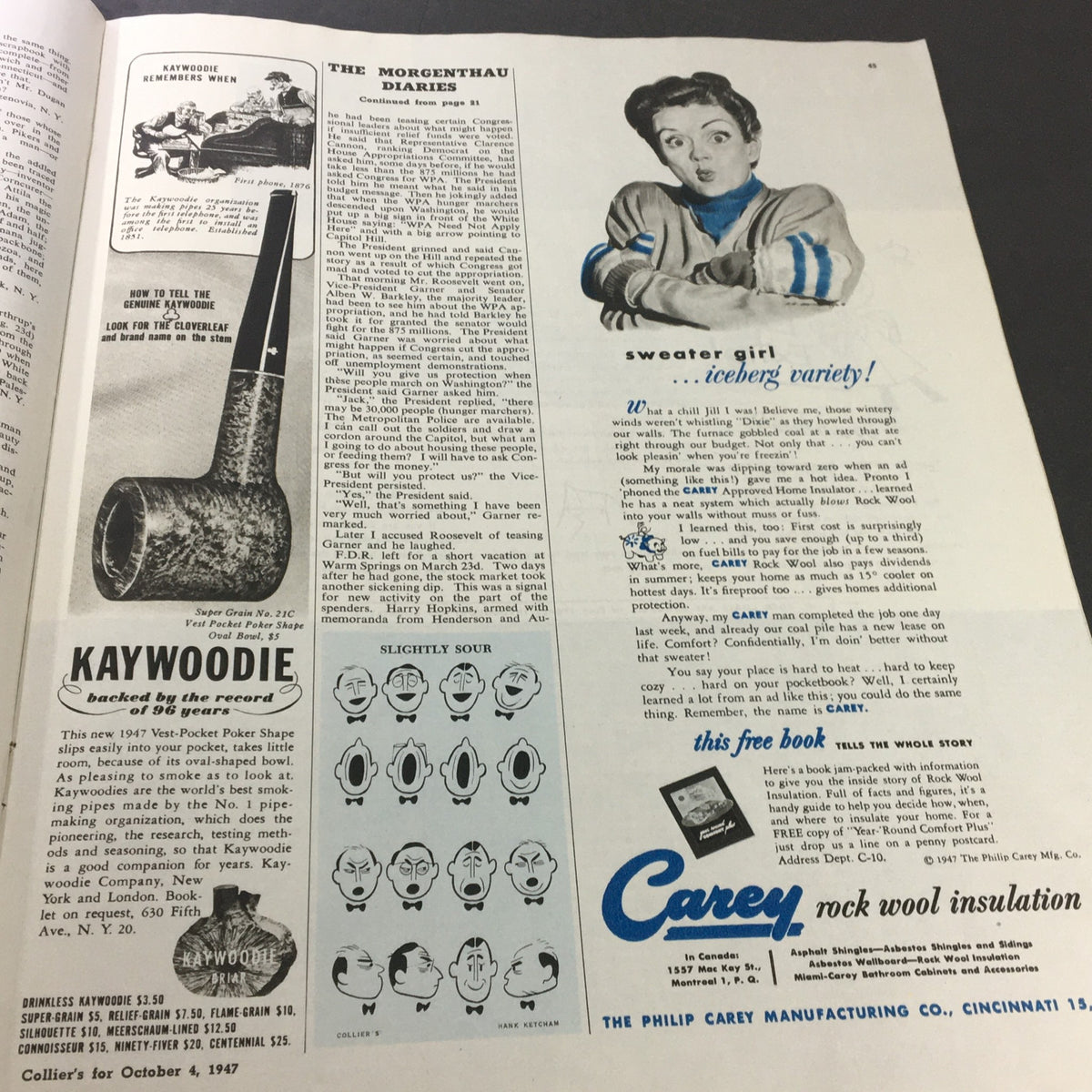 Interior page from VTG Collier's Magazine October 4, 1947 featuring an advertisement for Kaywoodie pipes and an article titled 'The Morgenthau Diaries'.