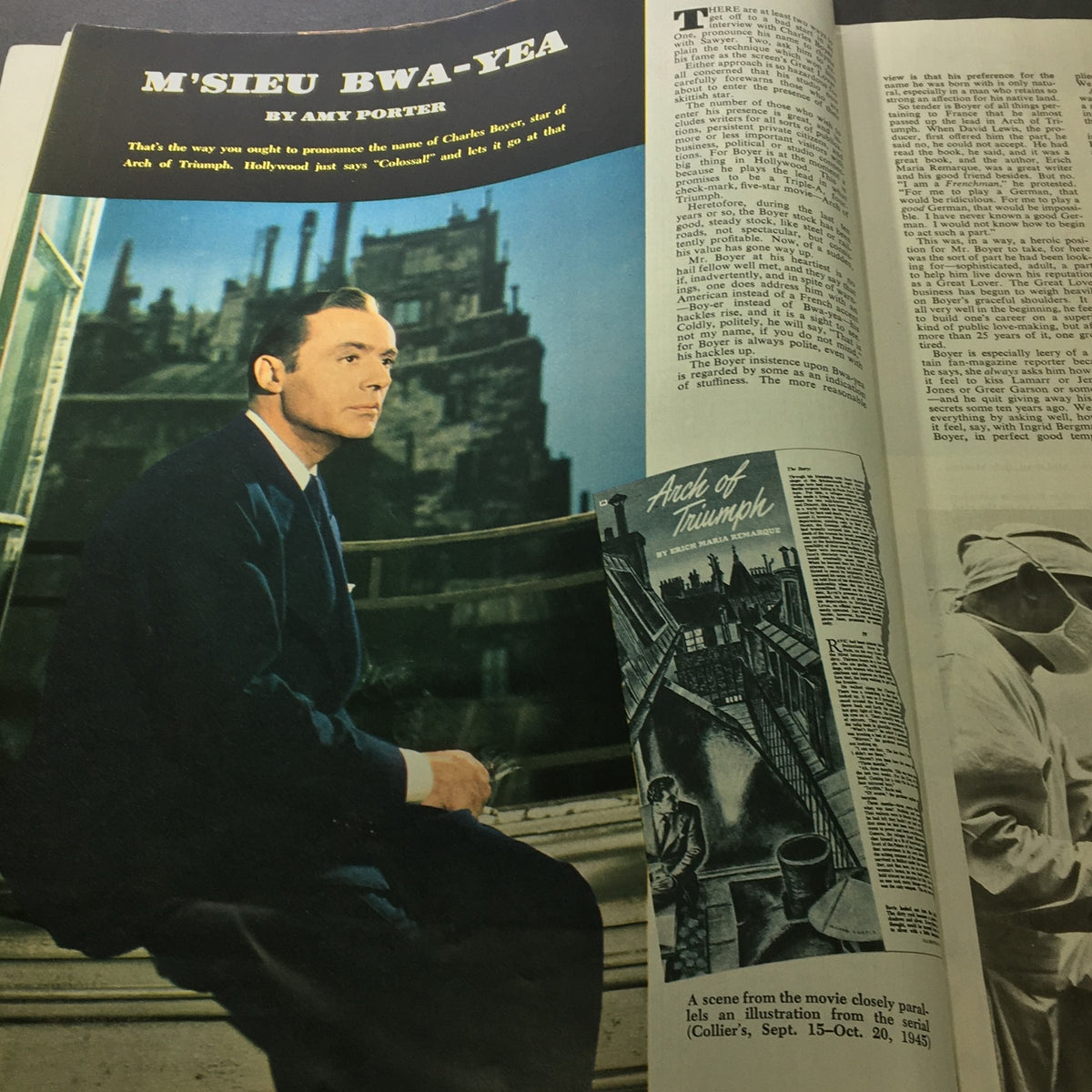 Article featuring M'SIEU BWA-YEA by Amy Porter in VTG Collier's Magazine May 17 1947, showcasing insights into film star Charles Boyer, a collectible item for fans of classic cinema.