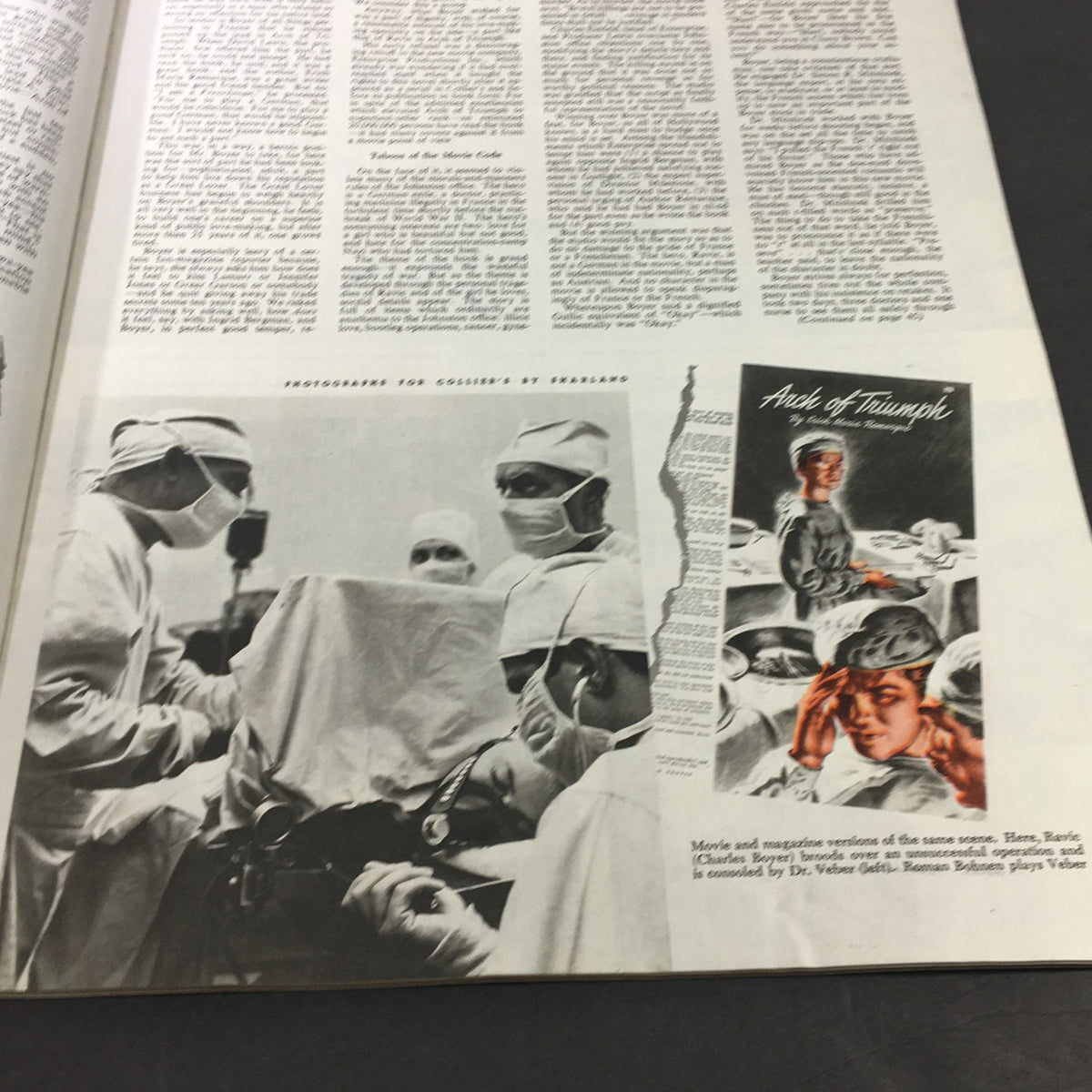 Vintage black and white photograph from Collier's Magazine May 17, 1947, featuring a scene of surgeons performing an operation, illustrating the medical advancements of the time.