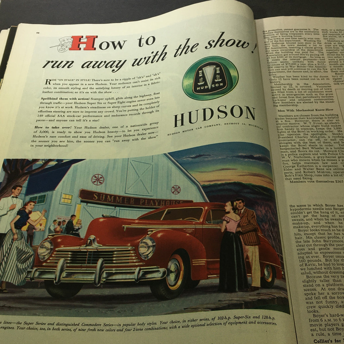 Vintage illustration and advertisement from Collier's Magazine May 17, 1947, showcasing a couple beside a Hudson car at a summer playhouse, emphasizing stylish travel.