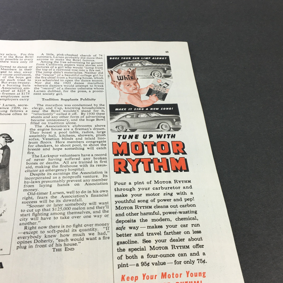 Vintage advertisement from Collier's Magazine May 17, 1947, promoting Motor Rythm, a car maintenance product, featuring a child with a whimsical crown and classic cars.
