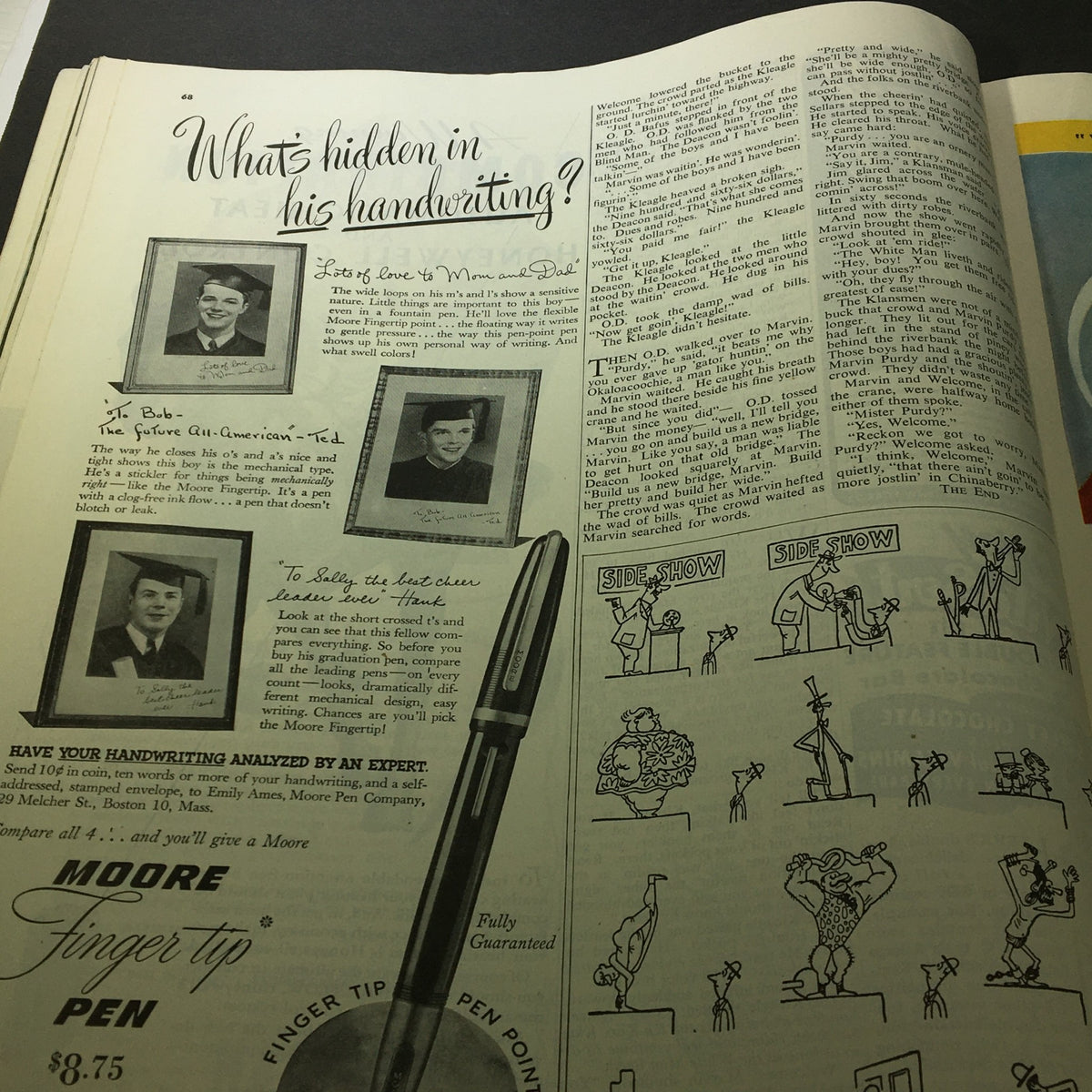 Interior page of VTG Collier's Magazine May 17, 1947 featuring an article on handwriting analysis with photos of graduates and a Moore ink pen advertisement.