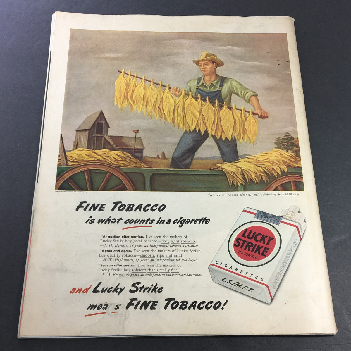 Back cover of VTG Collier's Magazine May 17, 1947 showcasing an advertisement for Lucky Strike cigarettes with a farmer tending to tobacco leaves.