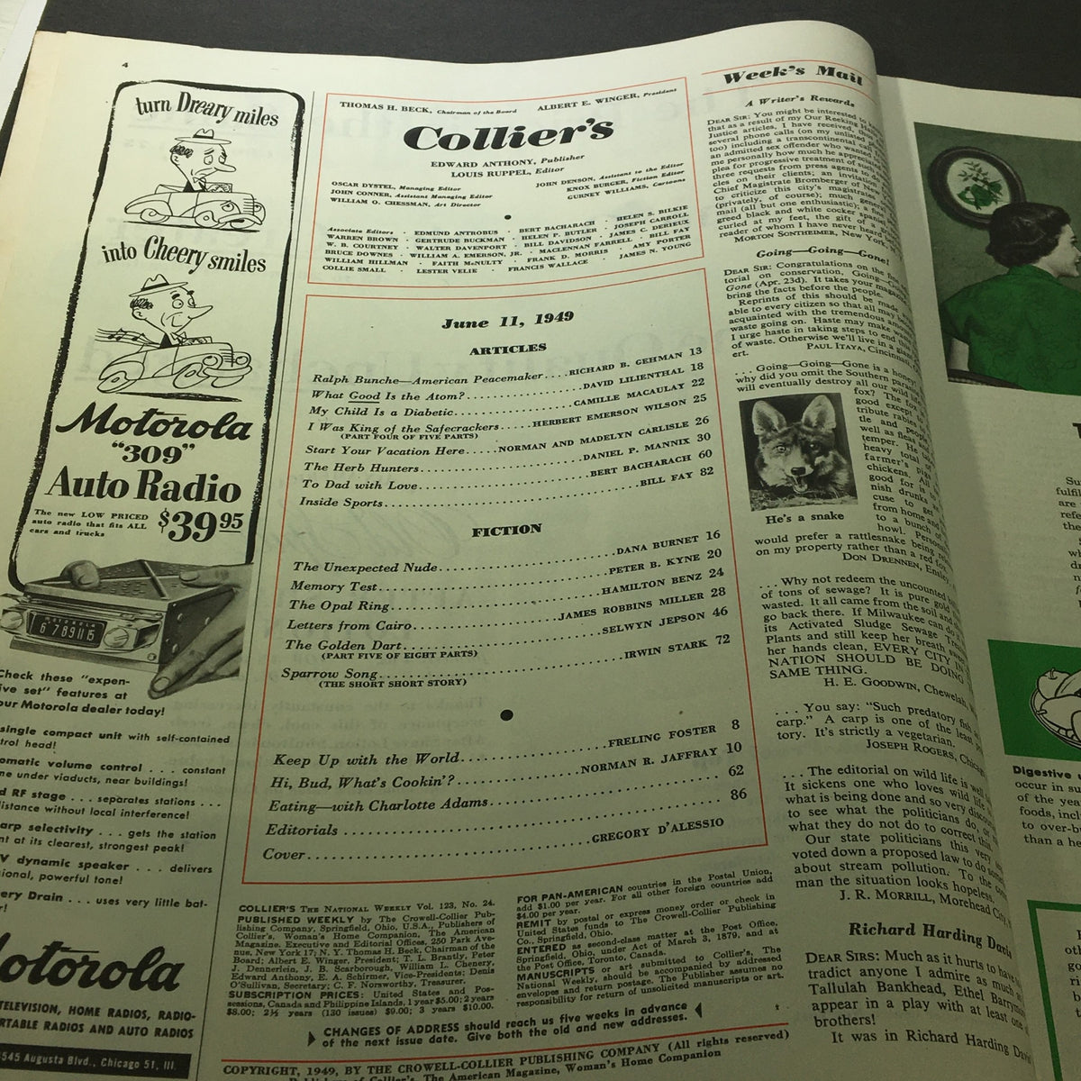 Interior page of VTG Collier's Magazine June 11 1959 displaying an advertisement and article list, emphasizing its historical context and mid-century publication features.