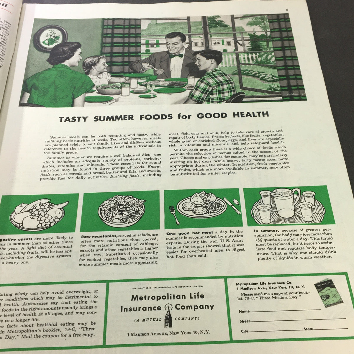 Collier's Magazine June 11 1959 illustration titled 'Tasty Summer Foods for Good Health', depicting a family enjoying summer meals while highlighting healthy eating tips.