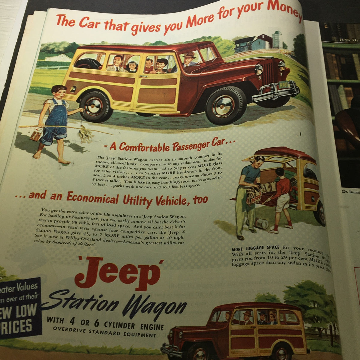 Collier's Magazine June 11 1959 advertisement for the Jeep Station Wagon, featuring a family and showcasing the vehicle's spacious design and utility.
