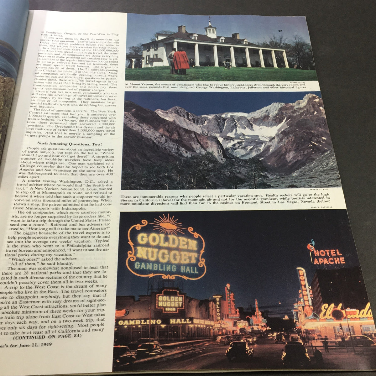 Collier's Magazine June 11 1959 travel feature with scenic photographs, highlighting popular tourist spots including Mount Vernon and California's Sierras.