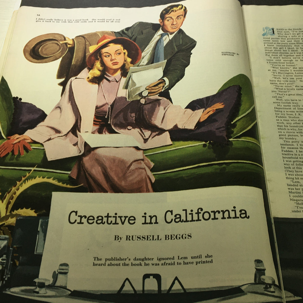 Illustration from Collier's Magazine February 12 1949 titled 'Creative in California', featuring a stylish woman in a fashionable outfit and a man presenting a script. Reflects the 1940s culture and aesthetics.