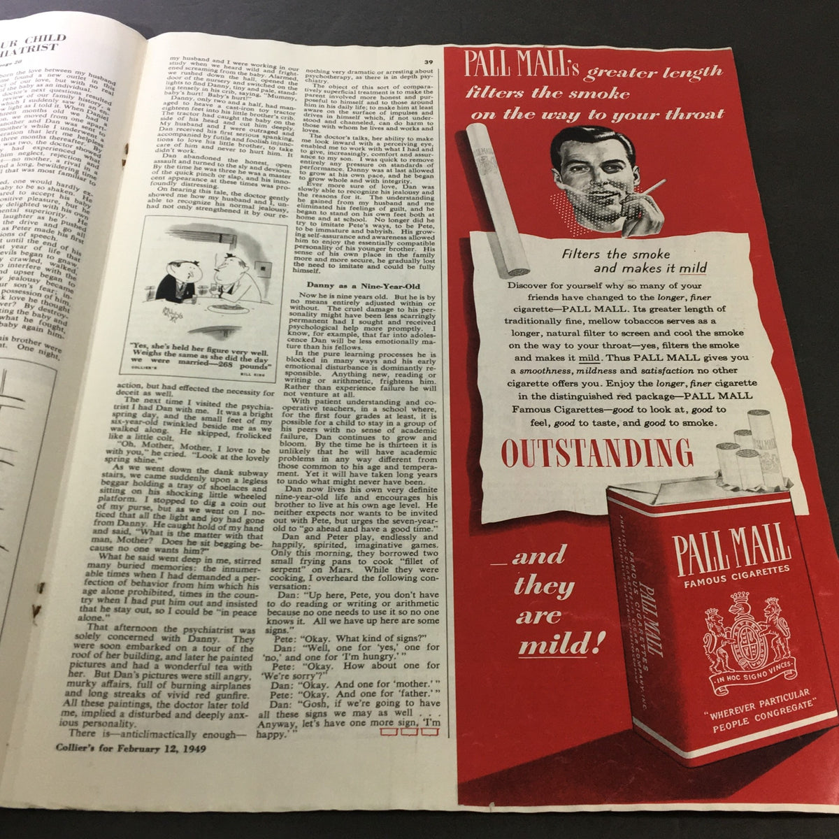 Pall Mall cigarette advertisement with bold text and images from Collier's Magazine February 12 1949. Showcases mid-century marketing techniques and product promotion.