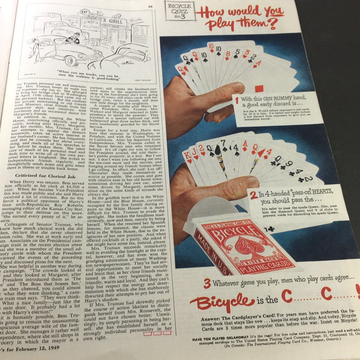 A page from Collier's Magazine February 12 1949 featuring a Bicycle playing cards advertisement and related quiz question. Represents 1940s advertising and popular culture.