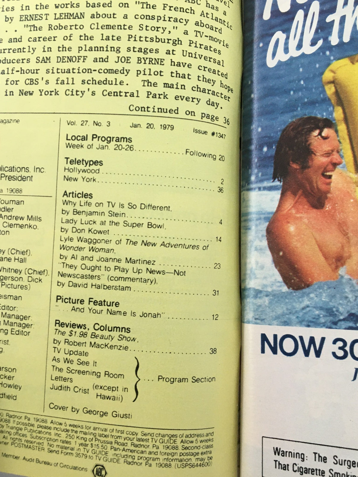 Inside page from TV Guide Magazine January 20, 1979, displaying local program listings and articles related to entertainment and Super Bowl XIII.