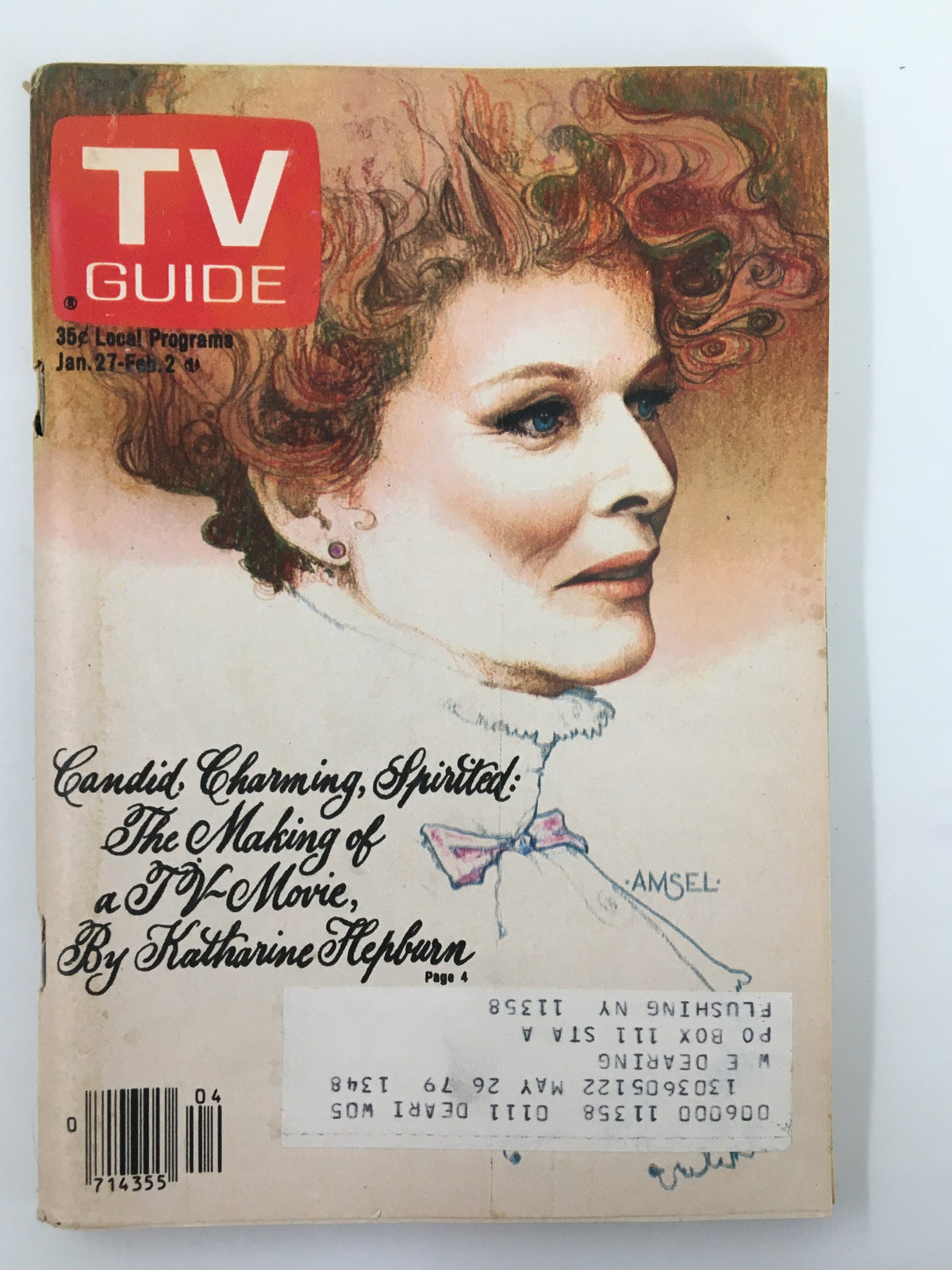 TV Guide Magazine dated January 27, 1979, featuring Katharine Hepburn on the cover, showcasing her influence in film and television. The cover highlights an article titled 'Candid Charming, Spirited: The Making of a TV Movie, By Katharine Hepburn'.
