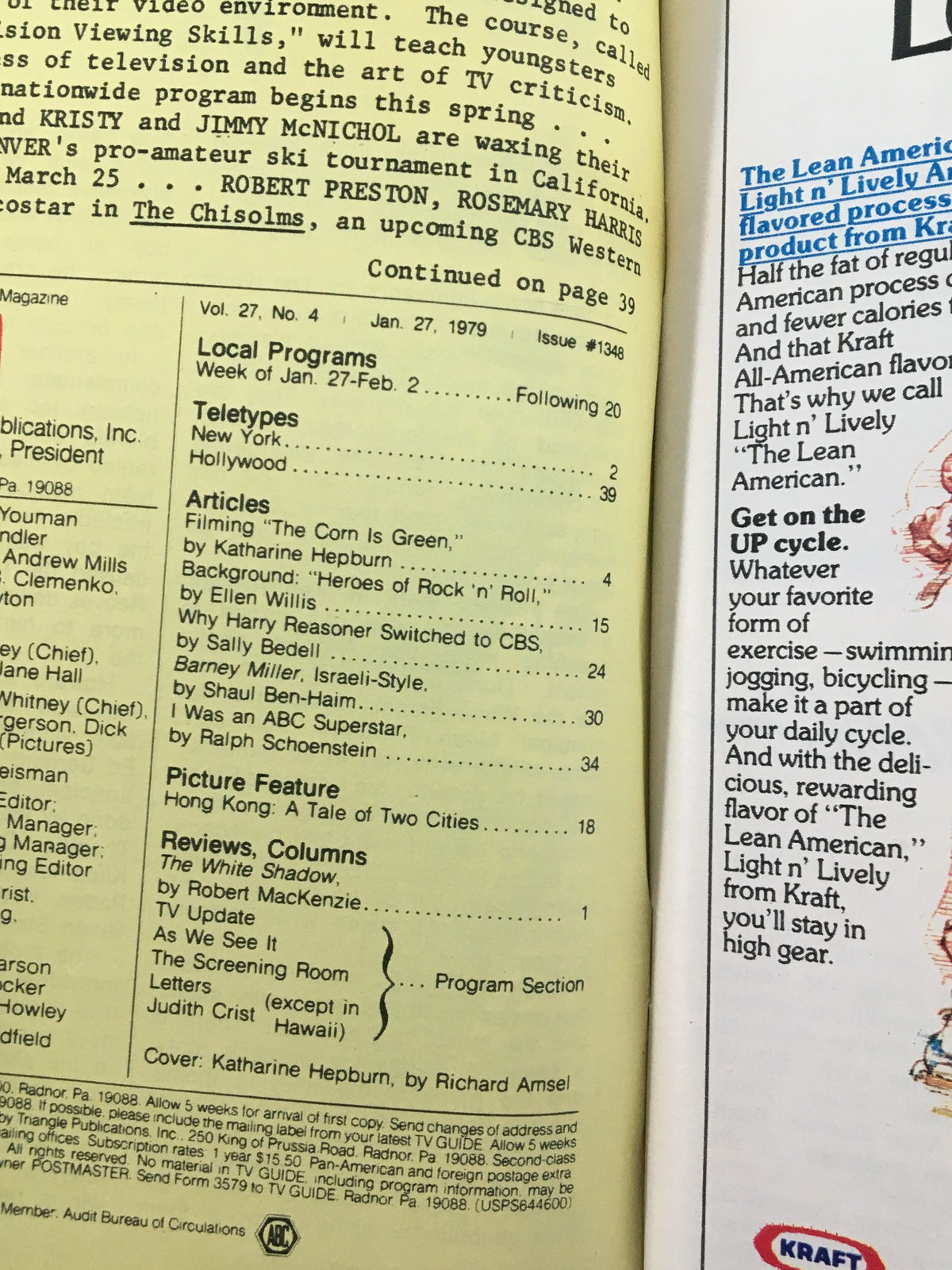 Inside page of TV Guide Magazine January 27, 1979, listing local programs and articles, including one by Katharine Hepburn. It reflects the television programming landscape of the late 1970s.