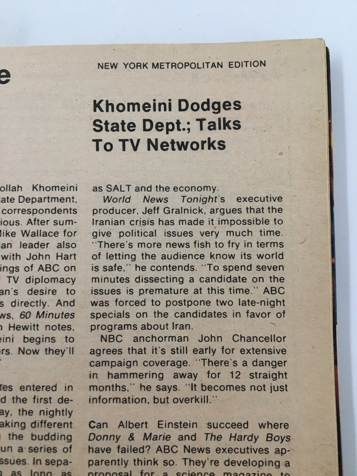 Interior page of TV Guide Magazine December 1, 1979, highlighting an article titled 'Khomeini Dodges State Dept.; Talks To TV Networks.'