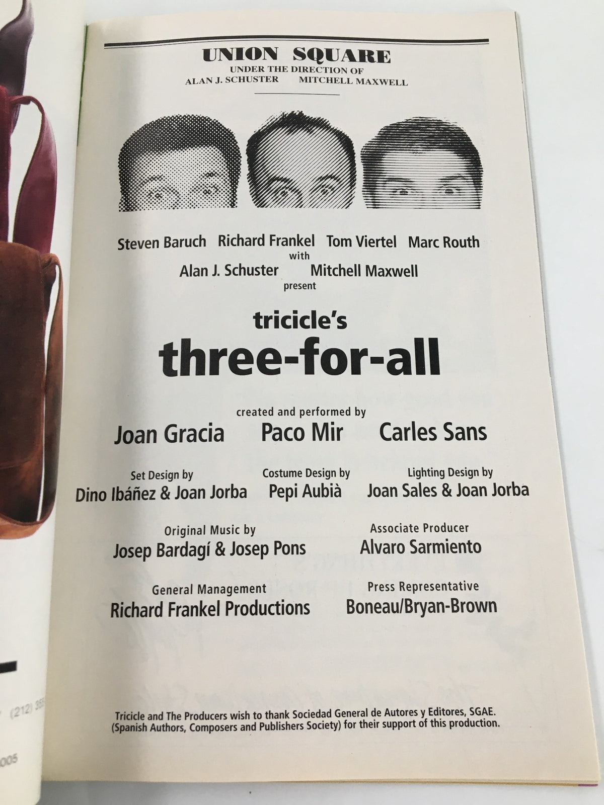 1997 Playbill for Tricicle's Three-For-All, displaying the cast and production credits, highlighting the performers and creative team behind the show.