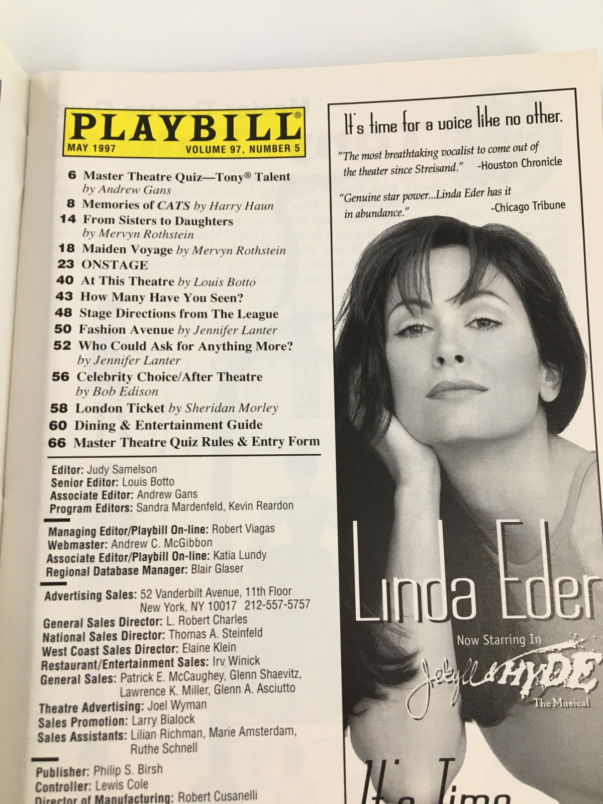 Inside page of the 1997 Playbill from The Promenade Theatre, includes features of the show and advertisements.