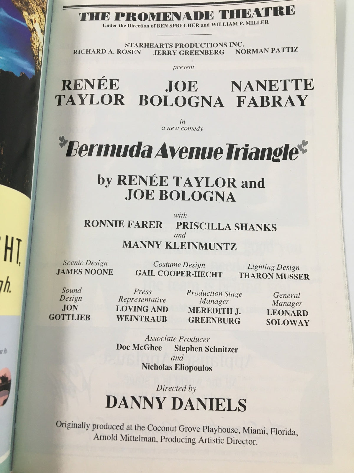 Second inside page of the 1997 Playbill for Bermuda Avenue Triangle, detailing the cast and production team.