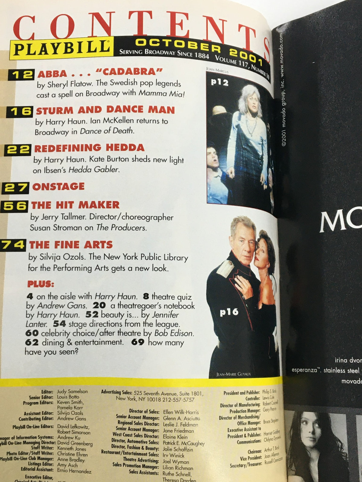 Contents page of the October 2001 Playbill for Contact at Lincoln Center Theater, featuring listings of shows and articles.