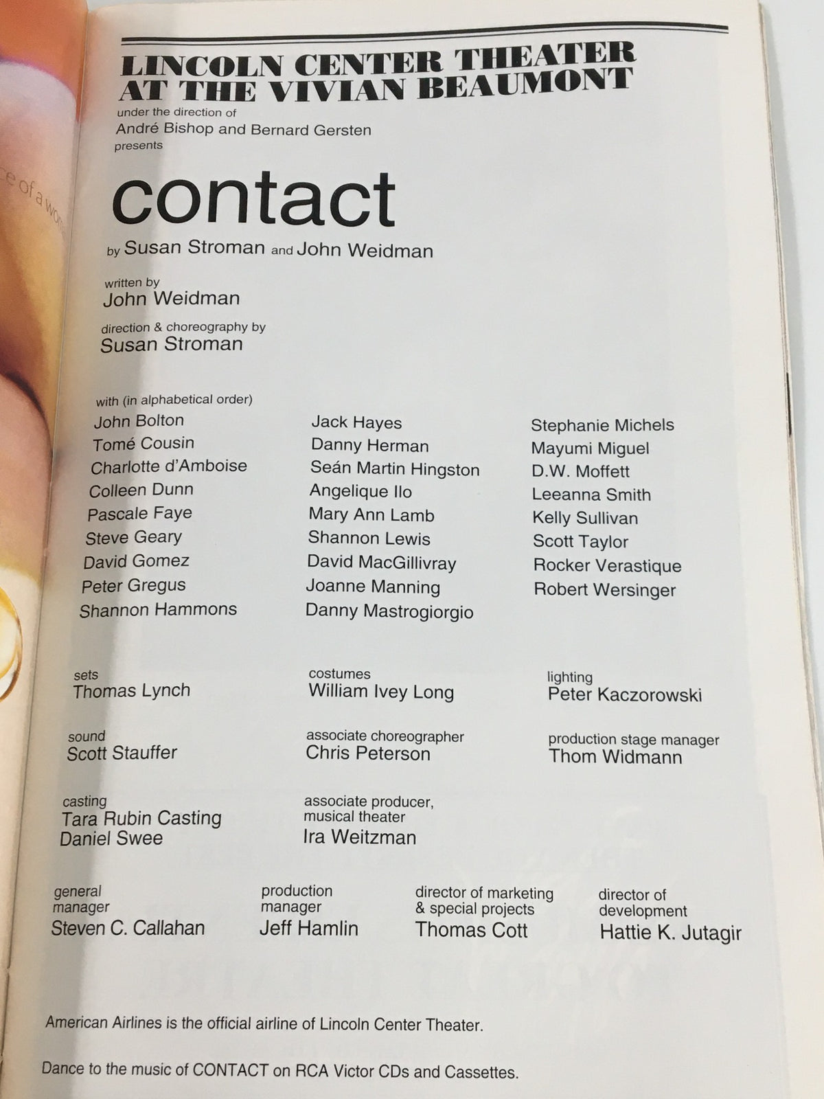 Credits page from the 2001 Playbill for Contact at Lincoln Center Theater, detailing the cast and production team.