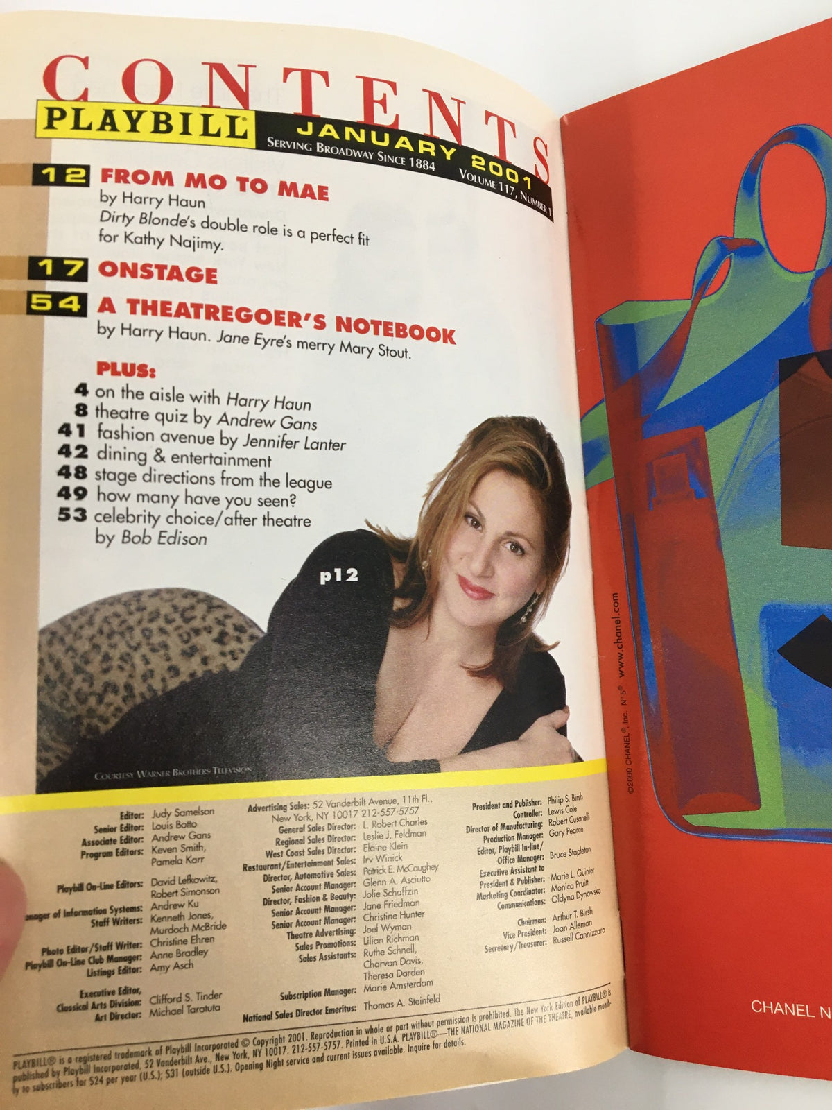 Inside contents page of the January 2001 Playbill featuring various articles, including a spotlight on the production of 'A Skull in Connemara'.
