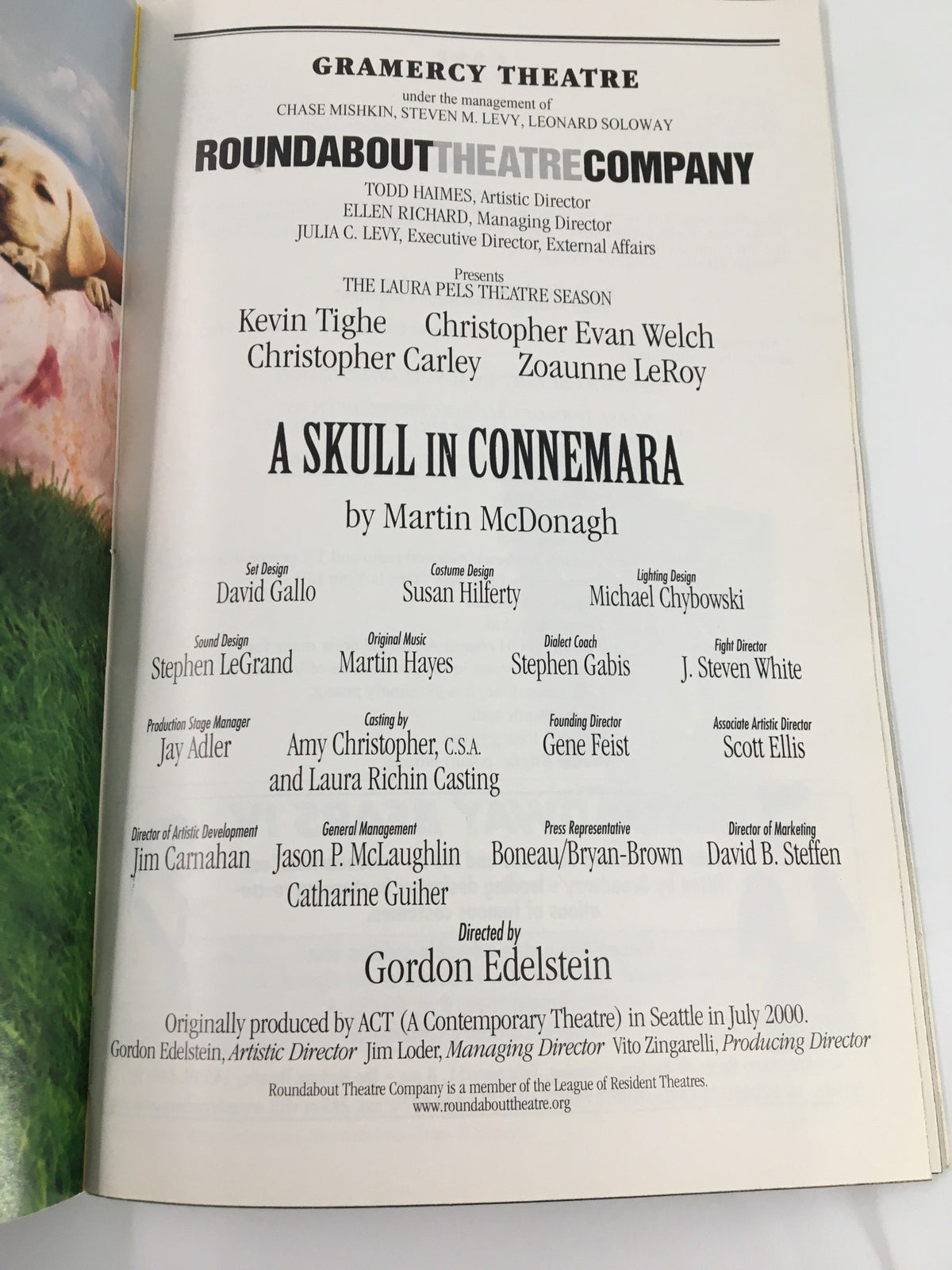 The cast and creative team page from the 2001 Playbill for 'A Skull in Connemara' at the Gramercy Theatre, featuring details about the performance and contributors.