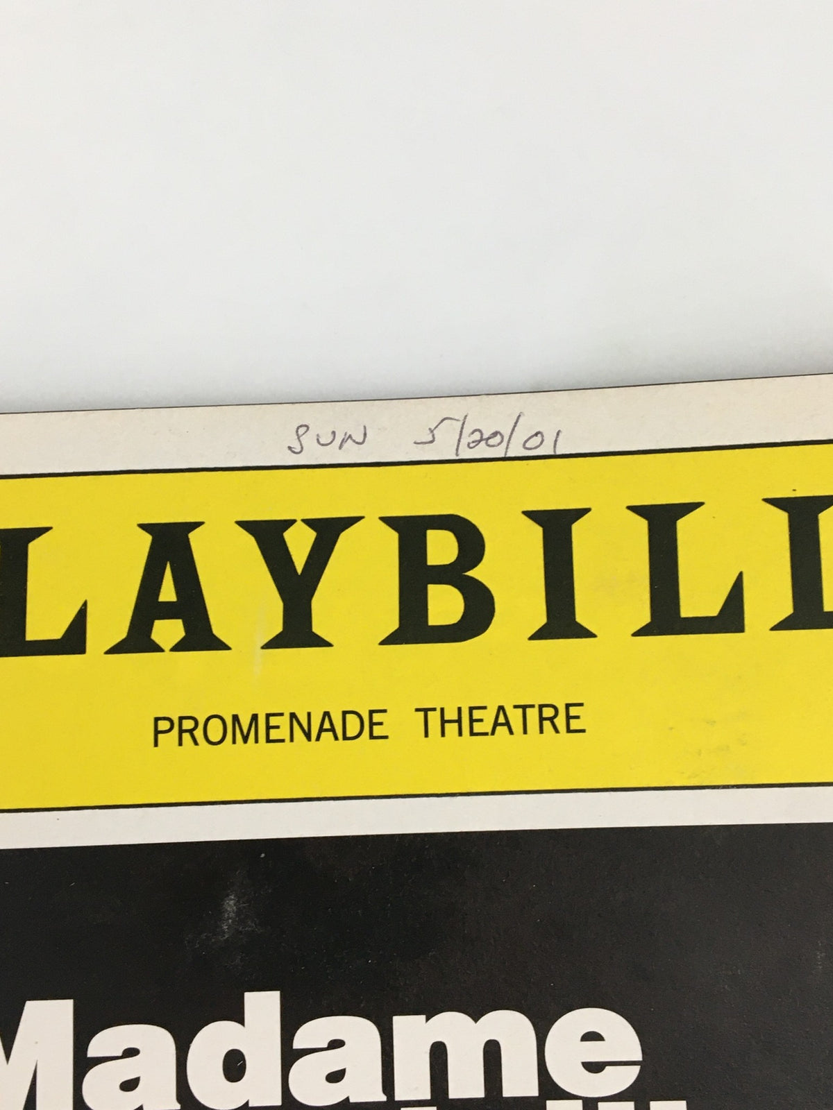 Close-up of the top section of the 2001 Playbill for Madame Melville, including the date June 30, 2001, from The Promenade Theatre.