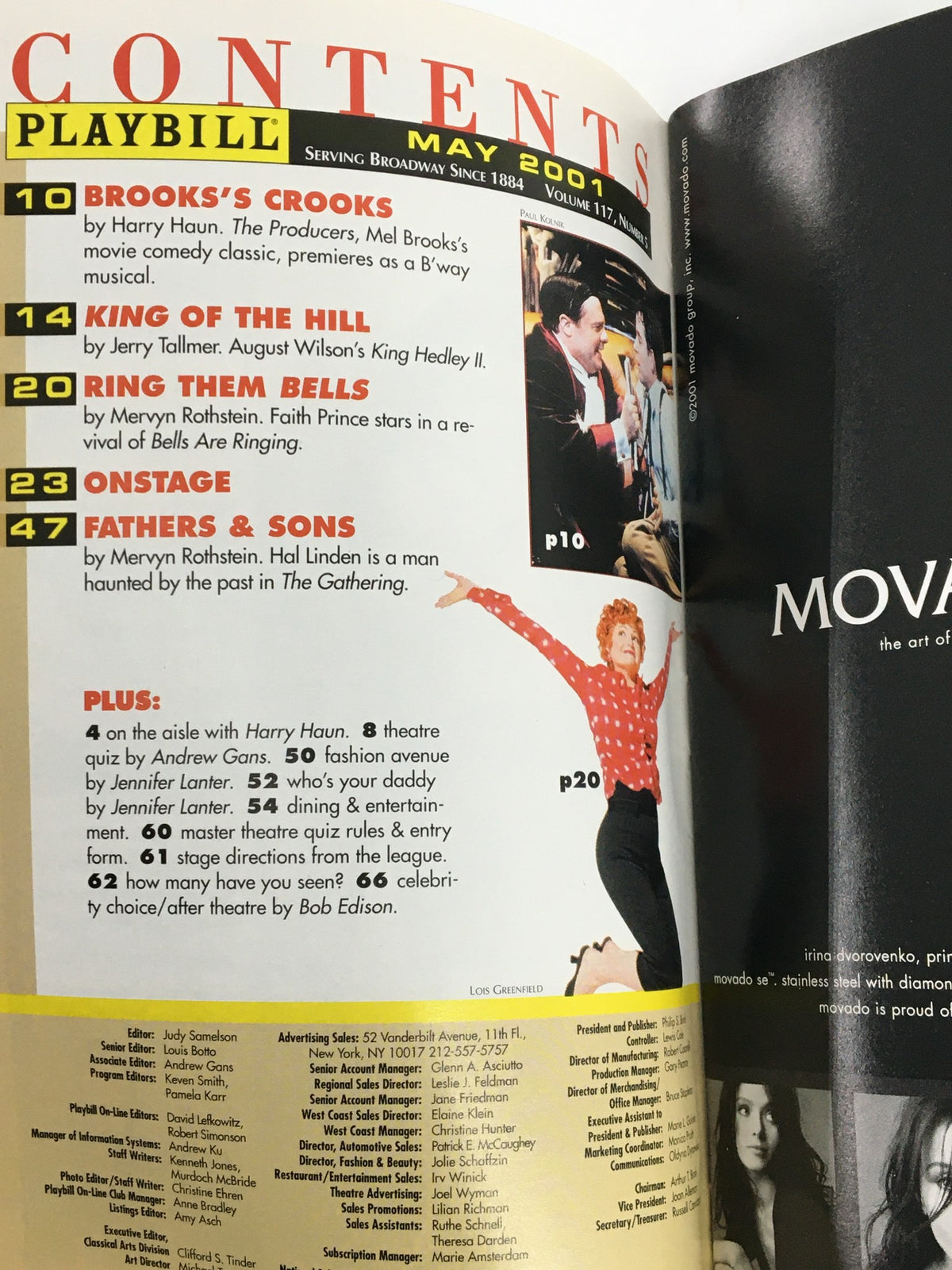 2001 Playbill The Promenade Theatre contents page featuring various productions including Brooks' Crooks and King of the Hill.