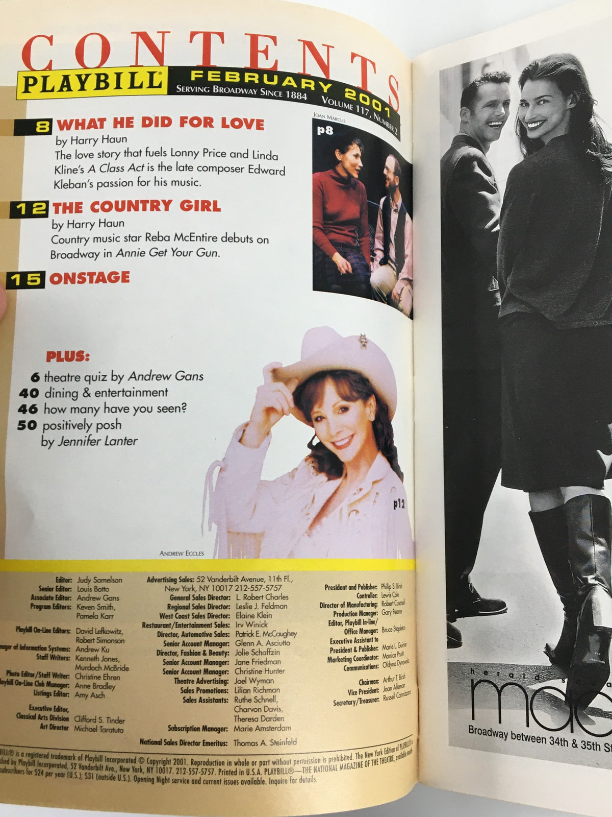 Contents page of the February 2001 Playbill, featuring articles and theater-related content including 'What He Did for Love'.