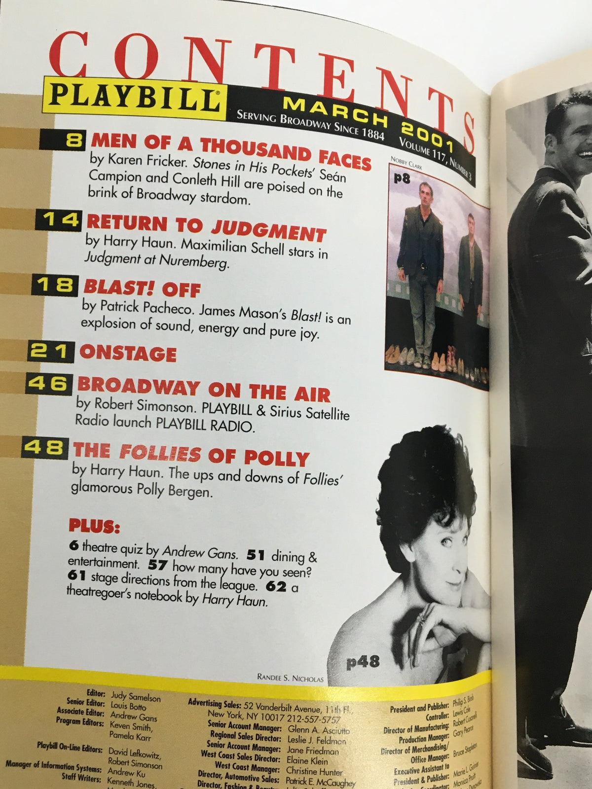 Contents page of the March 2001 Playbill, highlighting various articles and features from the Lyceum Theatre.