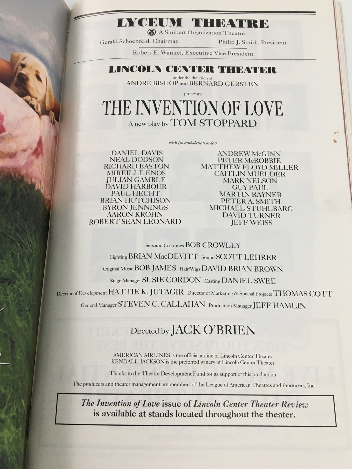 Cast and crew page of the 2001 Playbill for 'The Invention of Love' at the Lyceum Theatre, showcasing key performances.