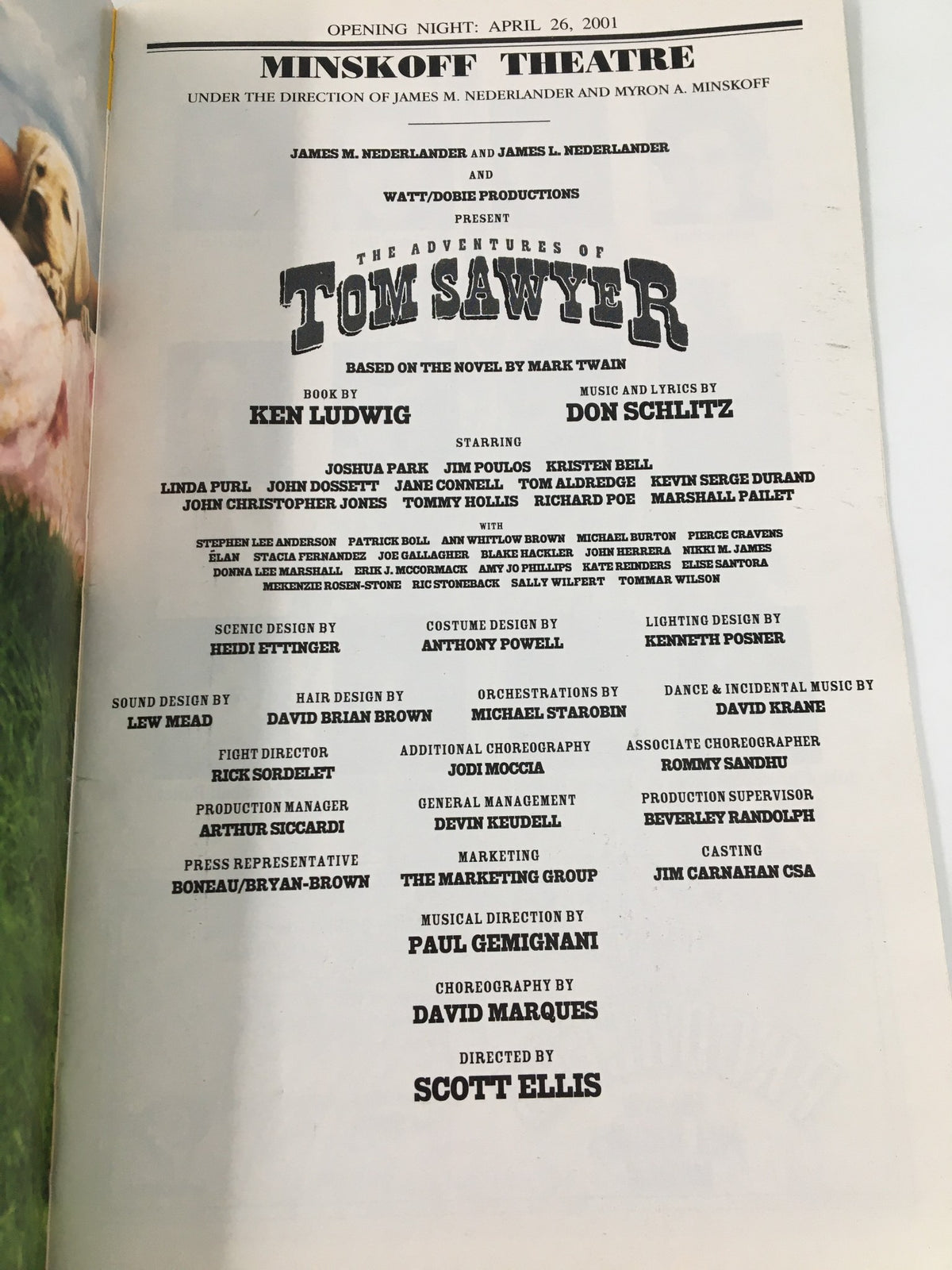 Opening night page of the 2001 Playbill for The Adventures of Tom Sawyer at Minskoff Theatre, detailing the cast and creative team.