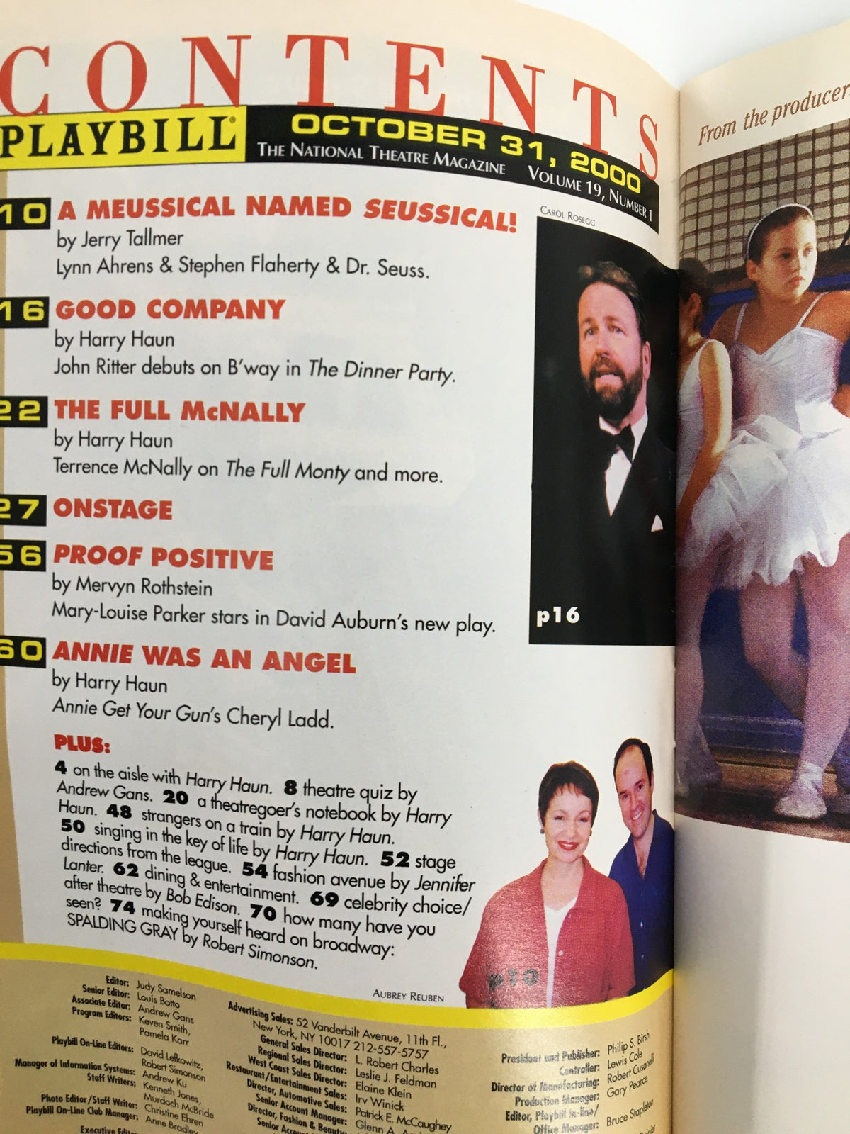 Contents page from the October 2000 issue of National Theatre Magazine, featuring listings including 'A Musical Named Seussical!' and 'Annie Was an Angel'. Included in a collectible 2000 Playbill from The American Place Theatre.