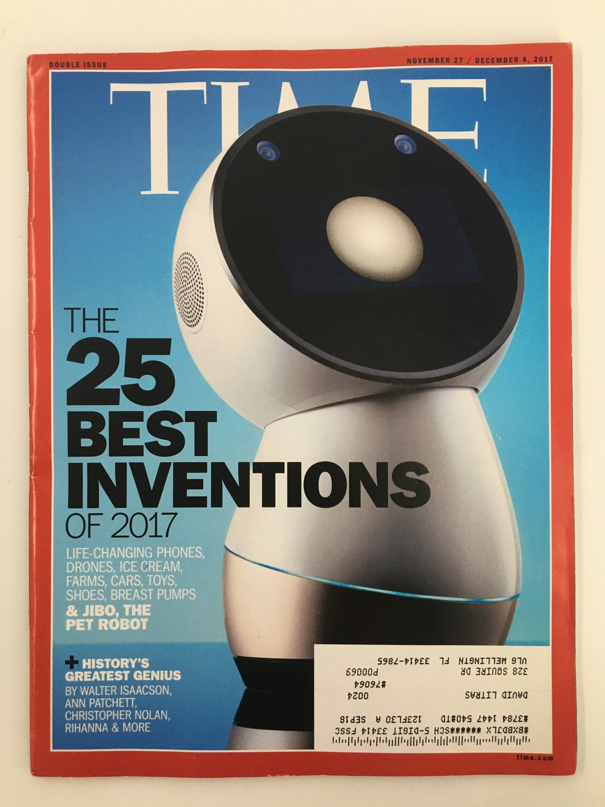 Cover of Time Magazine from November 27, 2017, featuring Jibo the Pet Robot as one of the 25 Best Inventions of 2017. The magazine emphasizes life-changing innovations in technology and robotics.