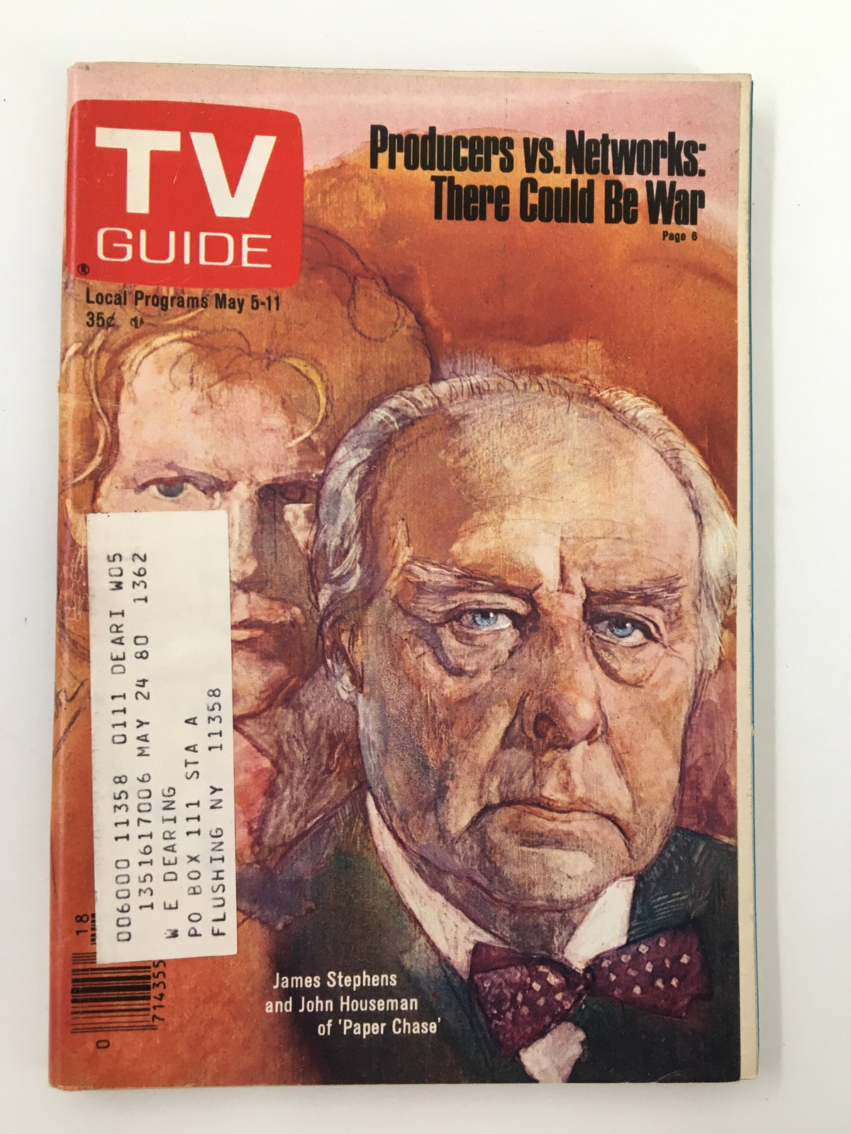 Cover of TV Guide Magazine May 5 1979 featuring James Stephens and John Houseman, with the headline 'Producers vs. Networks: There Could Be War'.