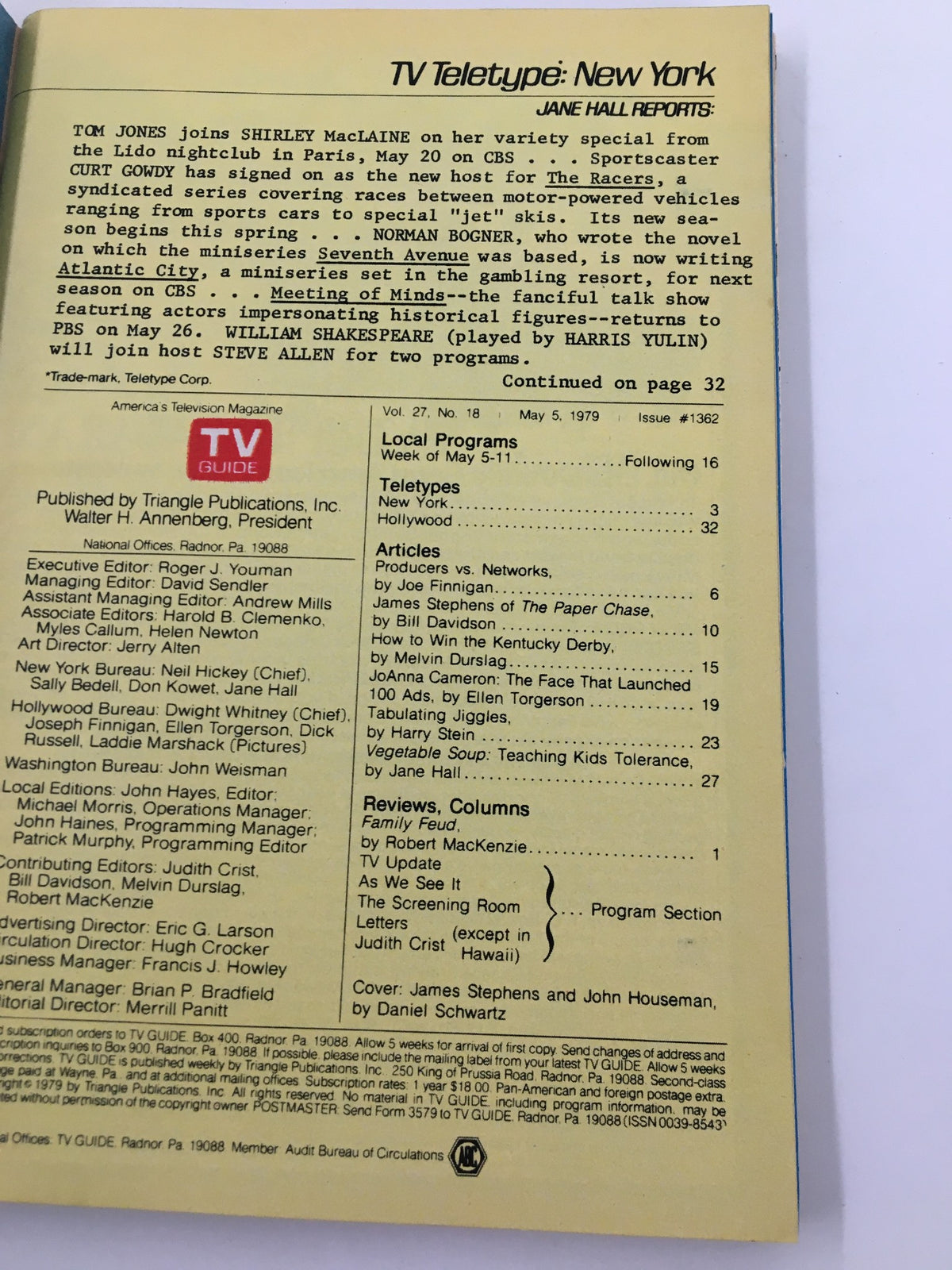 Back cover of TV Guide Magazine May 5 1979, showcasing the TV Teletype section with details about television programs and personalities.