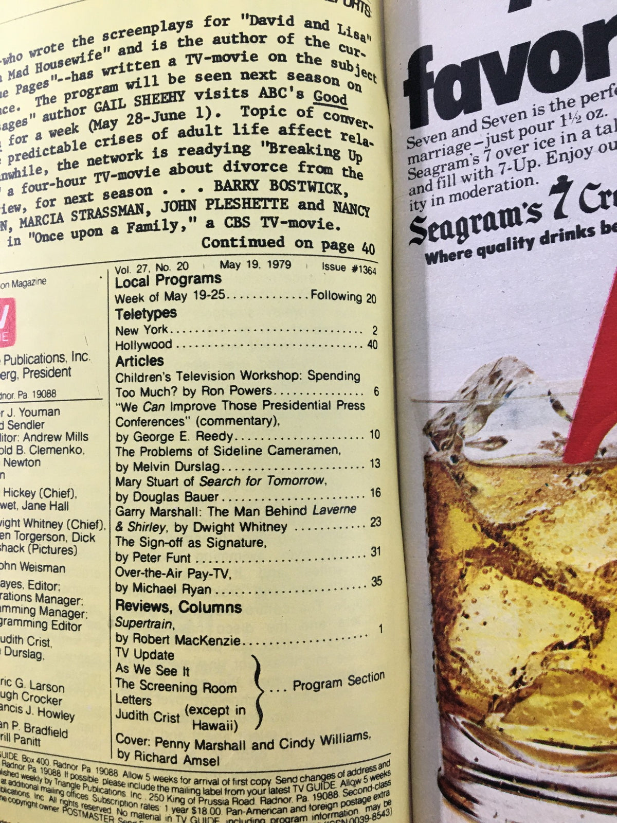 Interior page of TV Guide Magazine May 19, 1979 showcasing local program listings and articles related to television shows. The page highlights features, listings, and a section about the cover stars Penny Marshall and Cindy Williams.