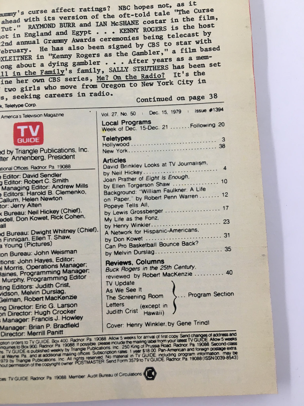 Back cover of TV Guide Magazine December 15 1979, featuring articles and local program listings, showcasing Henry Winkler and TV insights from the late 1970s.