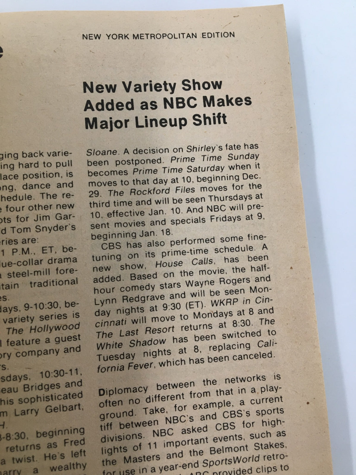 Page from TV Guide Magazine December 15 1979, New York Metropolitan Edition, highlighting a major lineup shift in NBC programming with details on various shows.