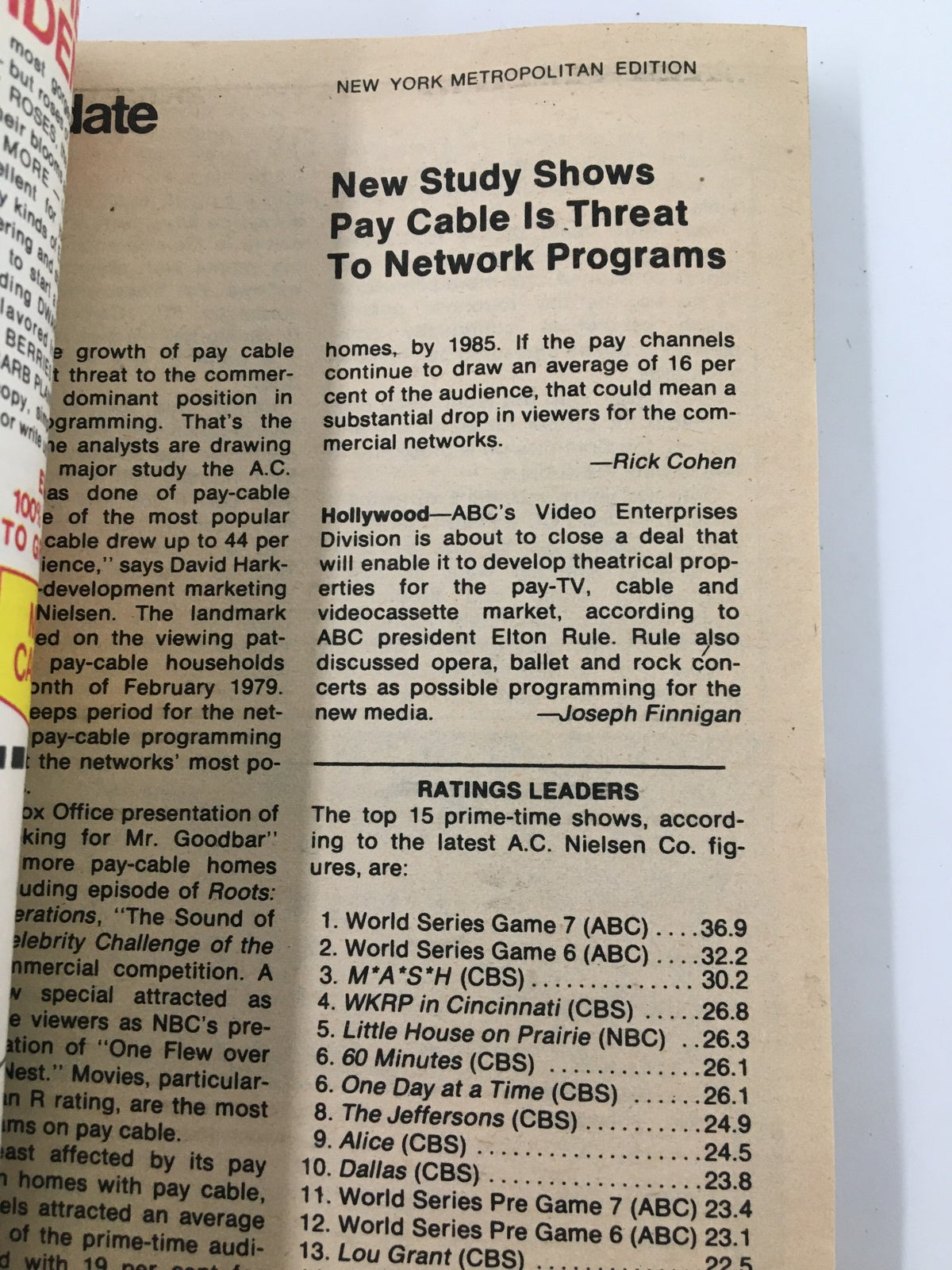 Article page from TV Guide Magazine November 3, 1979, discussing the impact of pay cable on network programs. Part of the cultural context of television during that era.