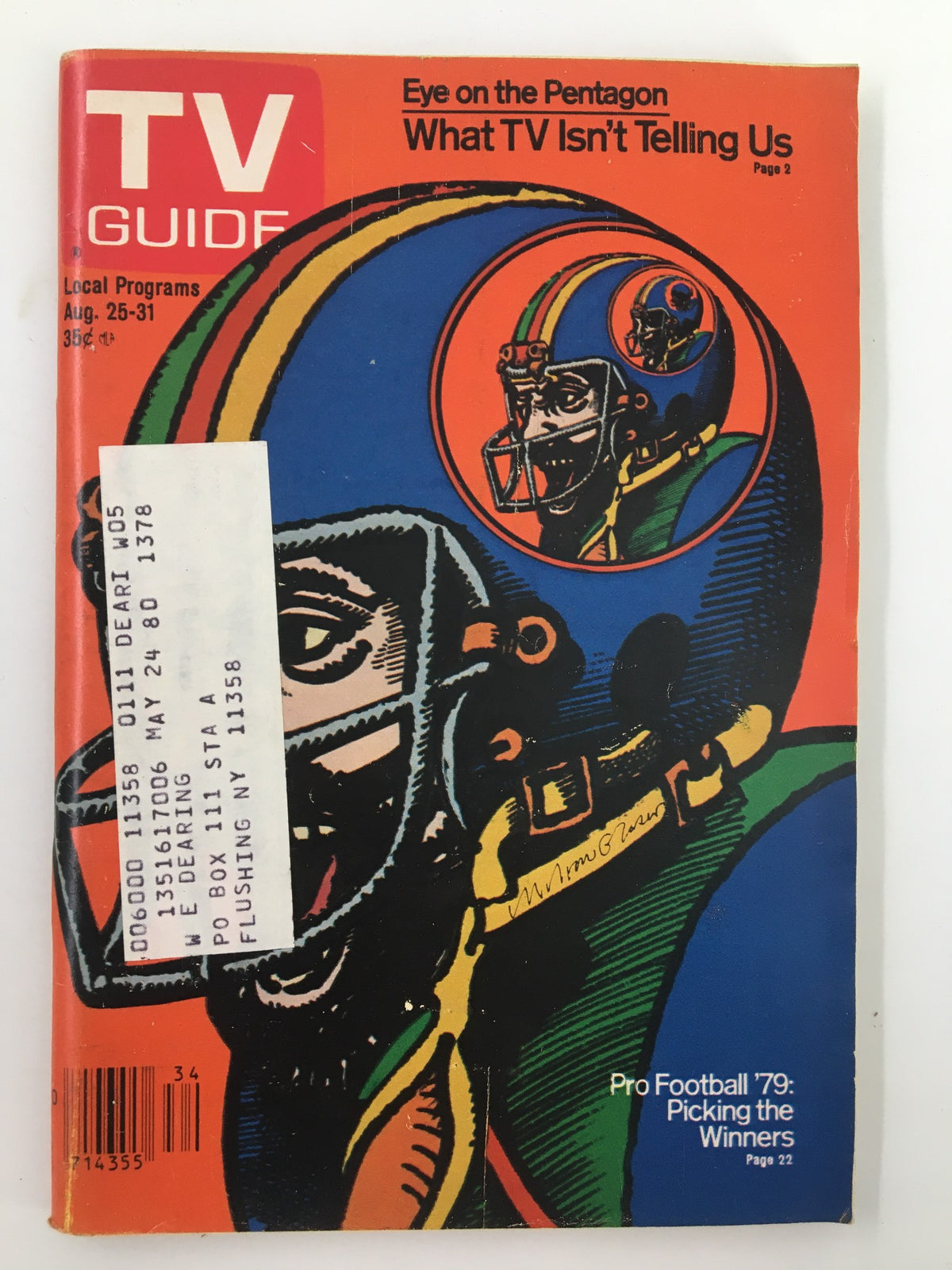 Cover of TV Guide Magazine August 25 1979 Pro Football Winners New York Metro Edition featuring colorful artwork and football graphics.