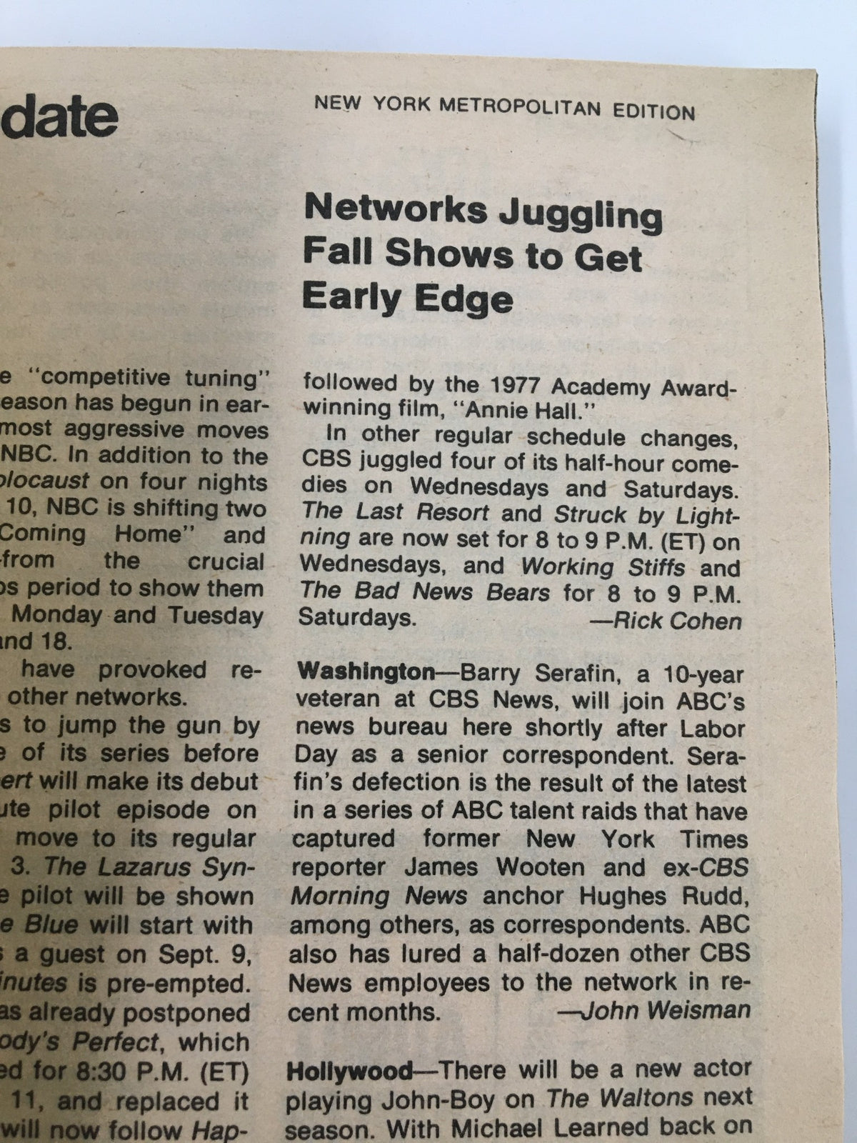 An article titled 'Networks Juggling Fall Shows to Get Early Edge' from the TV Guide Magazine August 25, 1979 Pro Football Winners New York Metro Edition, discussing changes in fall television programming and notable contributors from the era.