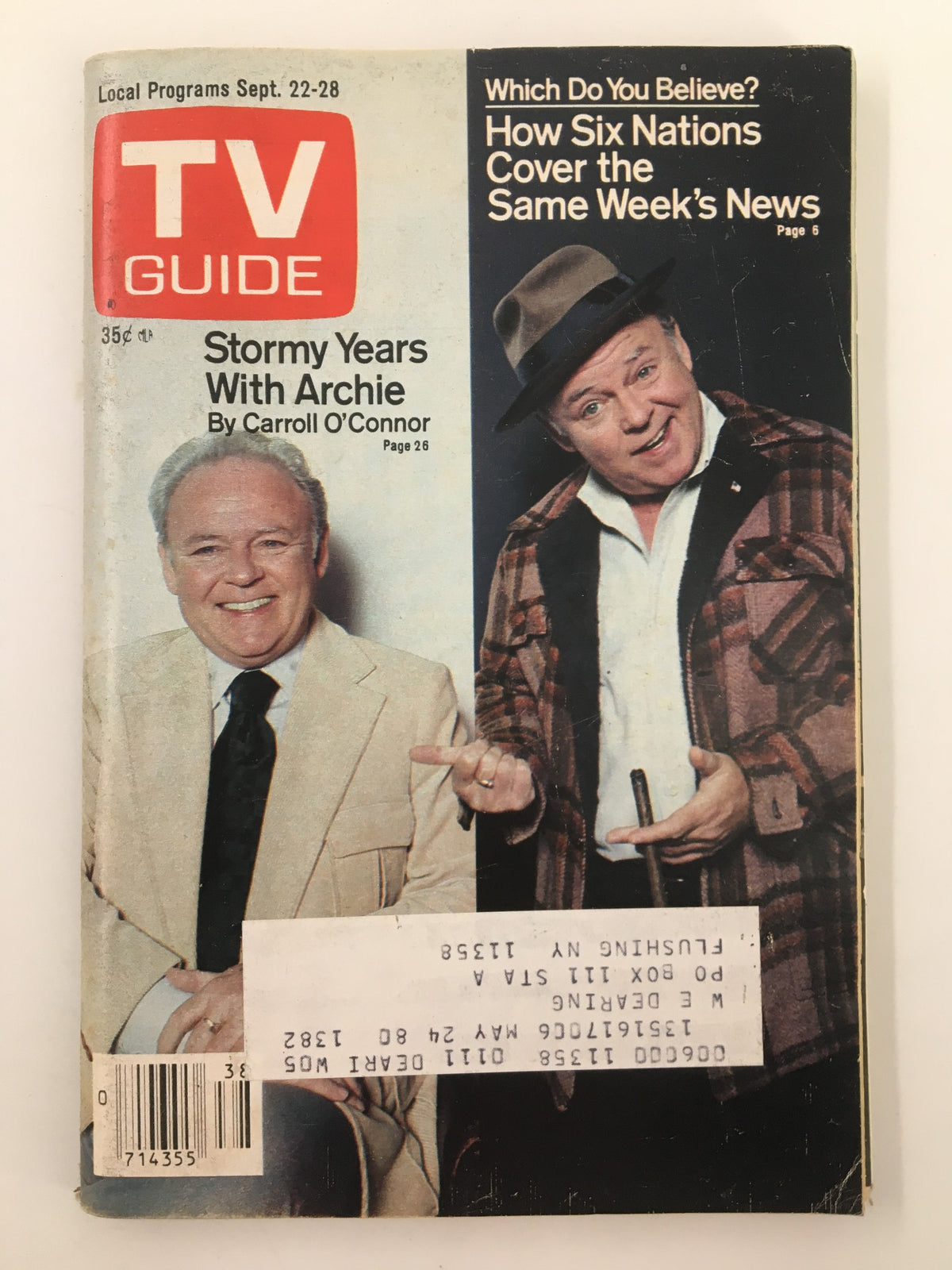 TV Guide Magazine cover from September 22, 1979 featuring Carroll O'Connor, depicting a comedic scene with the tagline 'Stormy Years With Archie'.