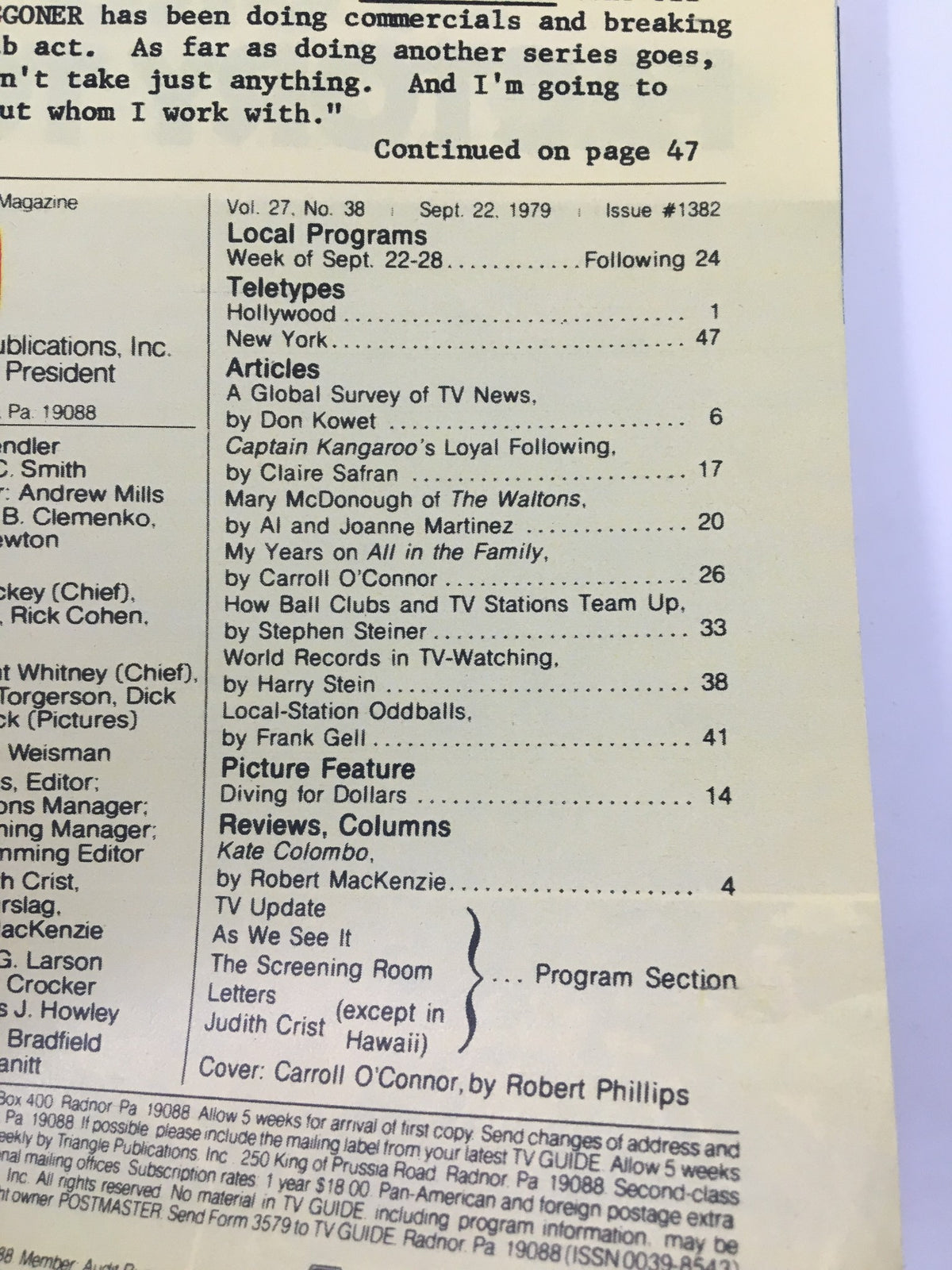 Interior page of TV Guide Magazine September 22, 1979 showcasing the table of contents, highlighting various articles including one by Carroll O'Connor.