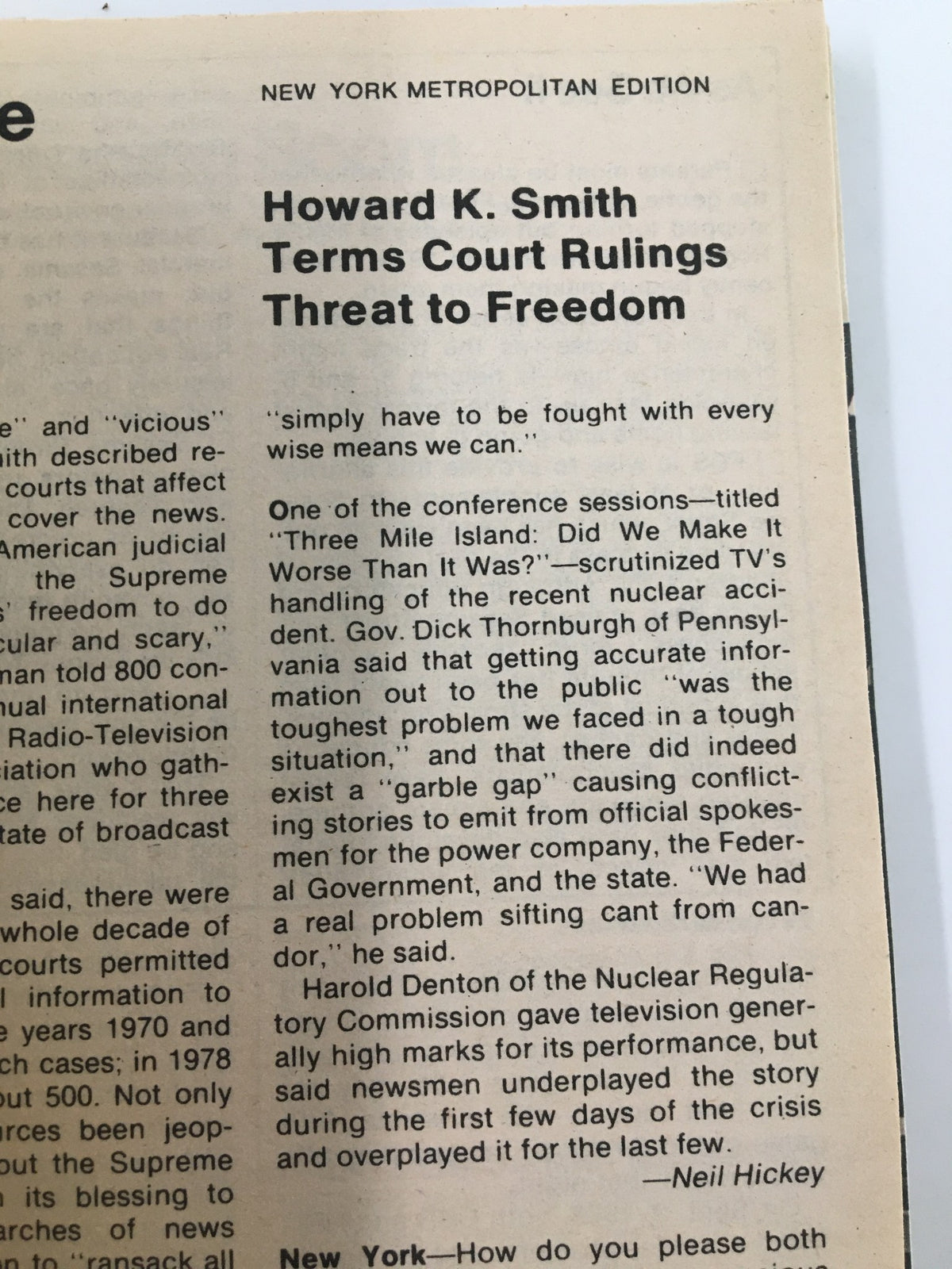 Another interior page from TV Guide Magazine September 22, 1979, featuring an article titled 'Howard K. Smith Terms Court Rulings Threat to Freedom' in the New York Metropolitan Edition.