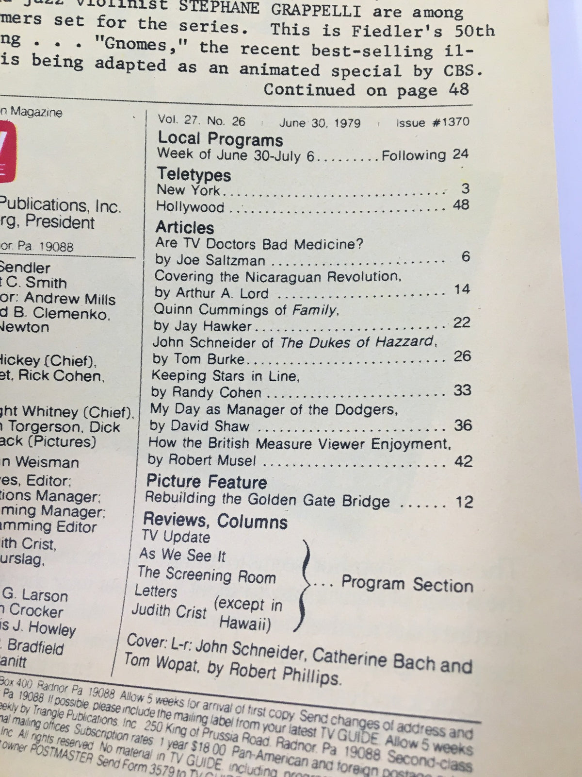 Contents page of TV Guide Magazine June 30, 1979 displaying articles, local programs, and featured actors including John Schneider from 'The Dukes of Hazzard'.