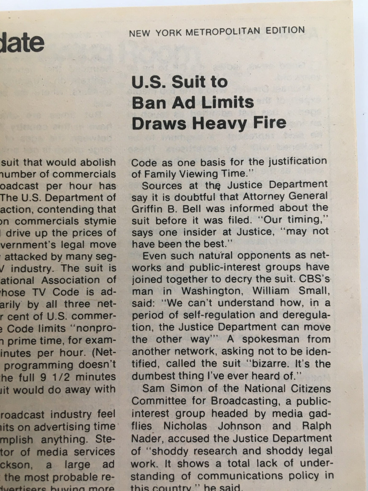 Newspaper article excerpt in TV Guide Magazine June 30, 1979 discussing U.S. suit to ban ad limits, part of the New York Metropolitan Edition.